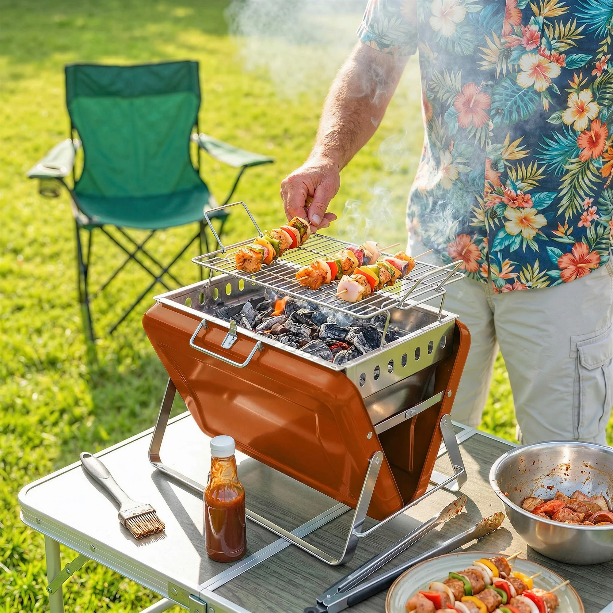 Folding Portable Charcoal BBQ Grill with Handle and Foldable Legs, Orange - Image 3