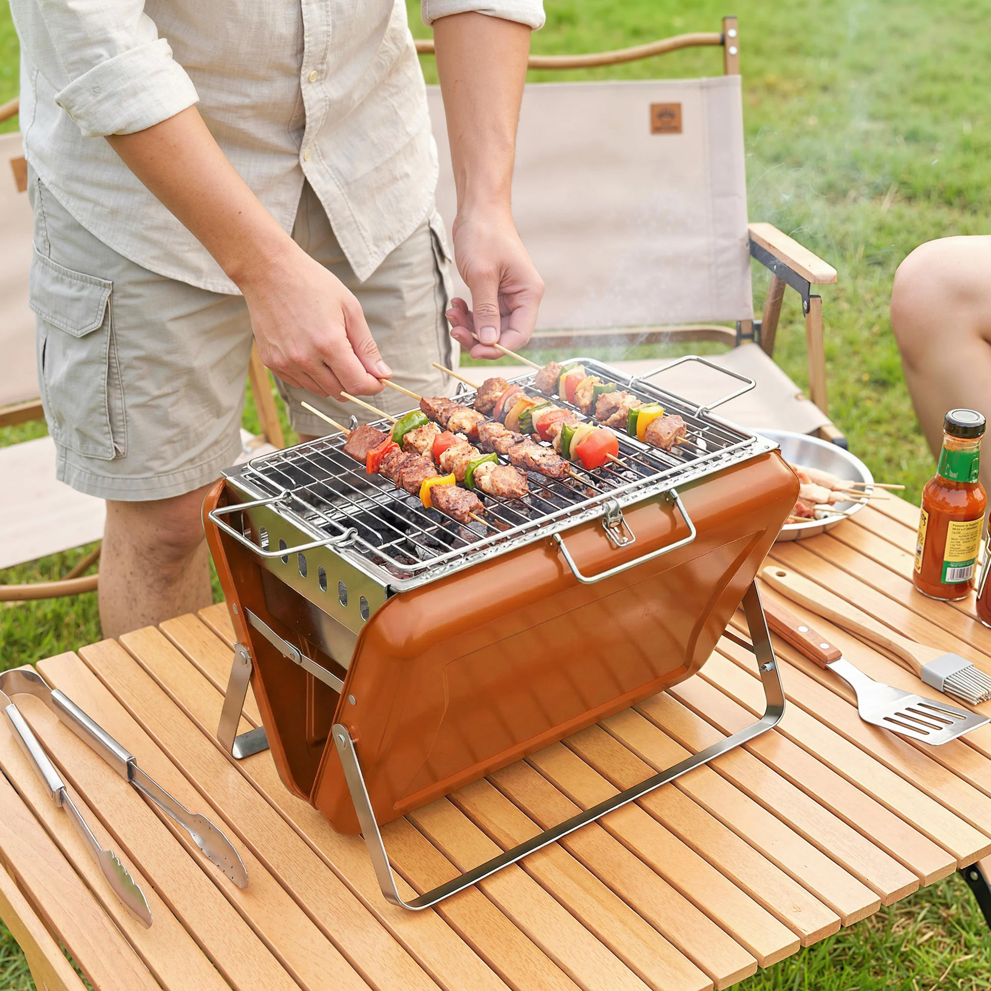 Folding Portable Charcoal BBQ Grill with Handle and Foldable Legs, Orange - Image 4