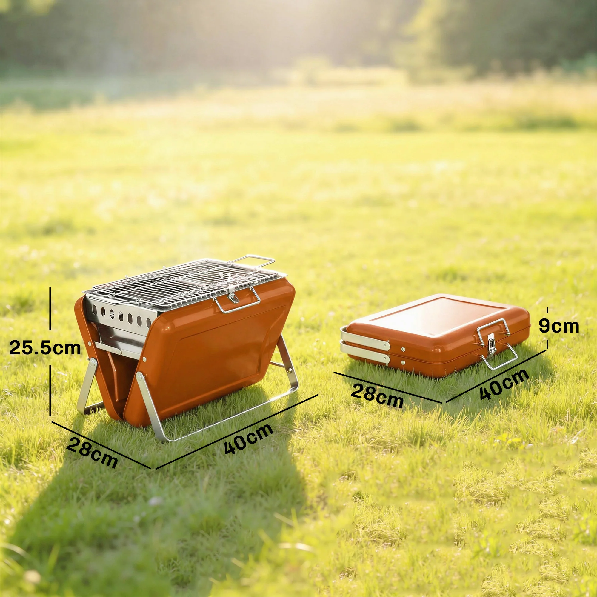 Folding Portable Charcoal BBQ Grill with Handle and Foldable Legs, Orange - Image 5