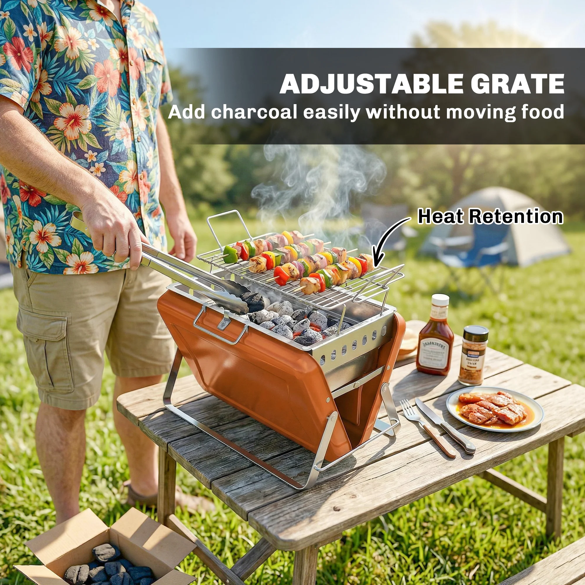 Folding Portable Charcoal BBQ Grill with Handle and Foldable Legs, Orange - Image 7
