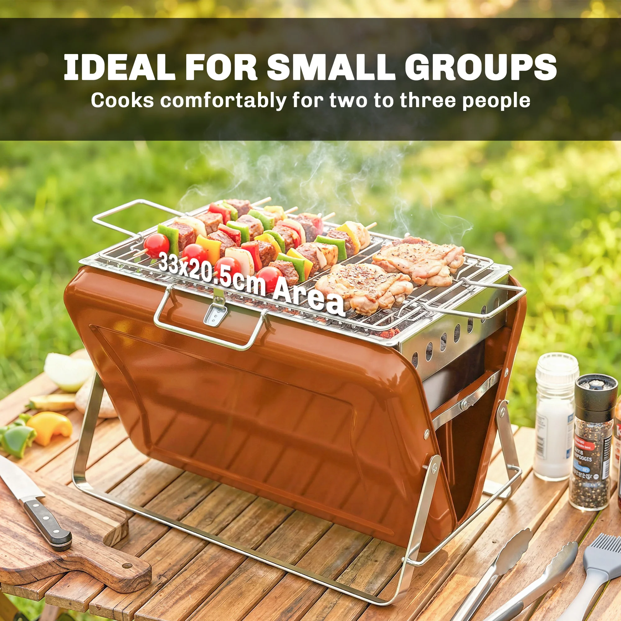 Folding Portable Charcoal BBQ Grill with Handle and Foldable Legs, Orange - Image 8