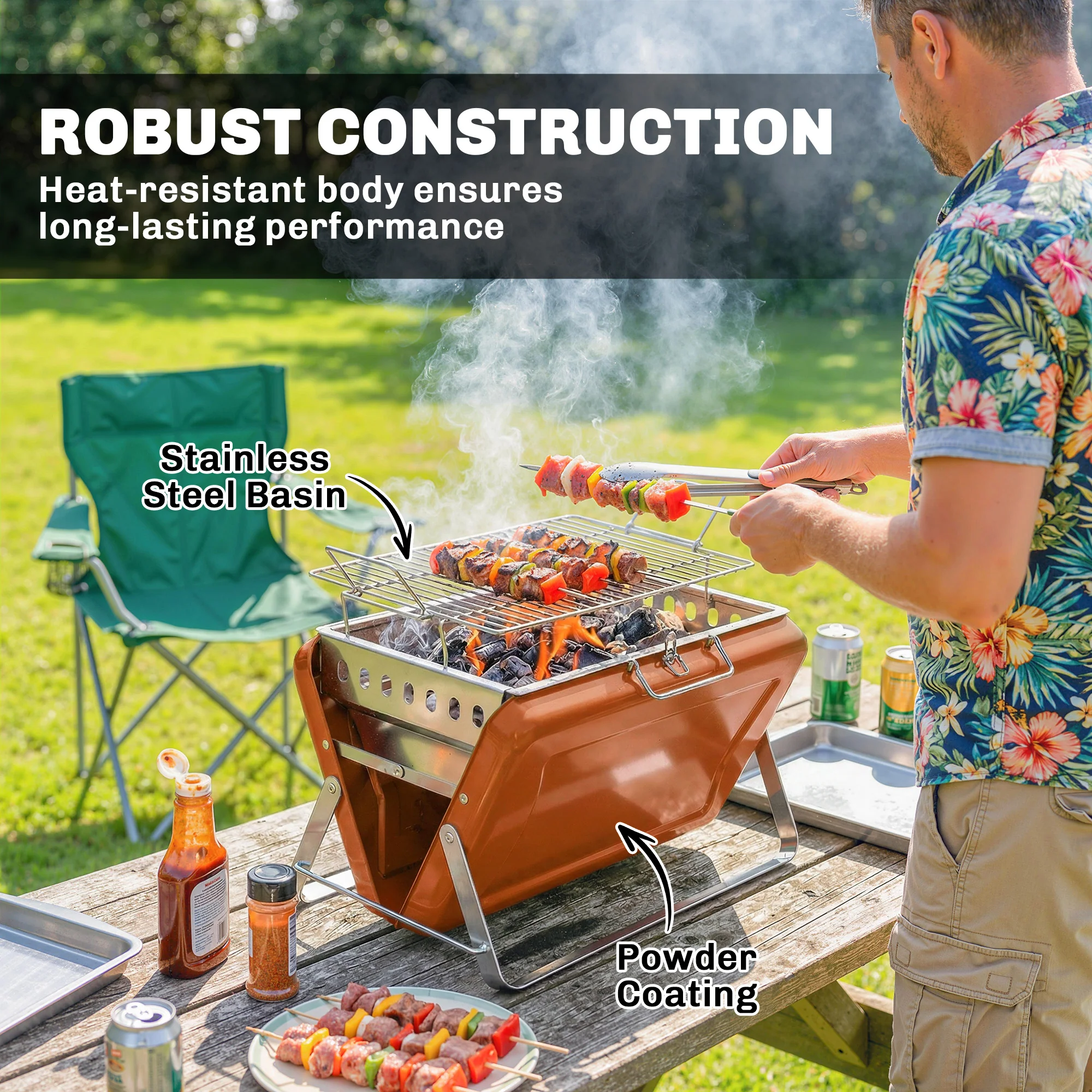 Folding Portable Charcoal BBQ Grill with Handle and Foldable Legs, Orange - Image 9
