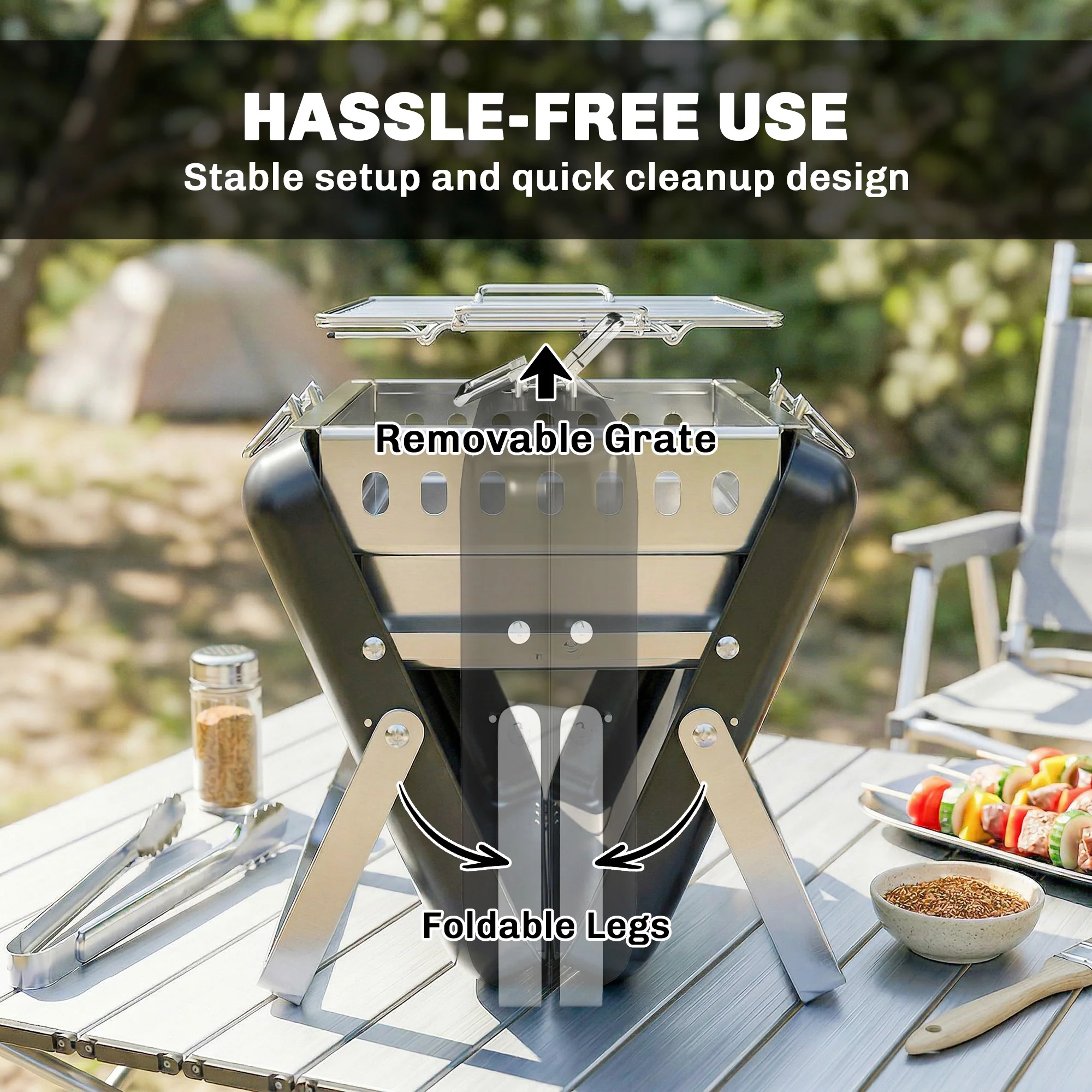 Folding Portable Charcoal BBQ Grill with Handle and Foldable Legs, Black - Image 10