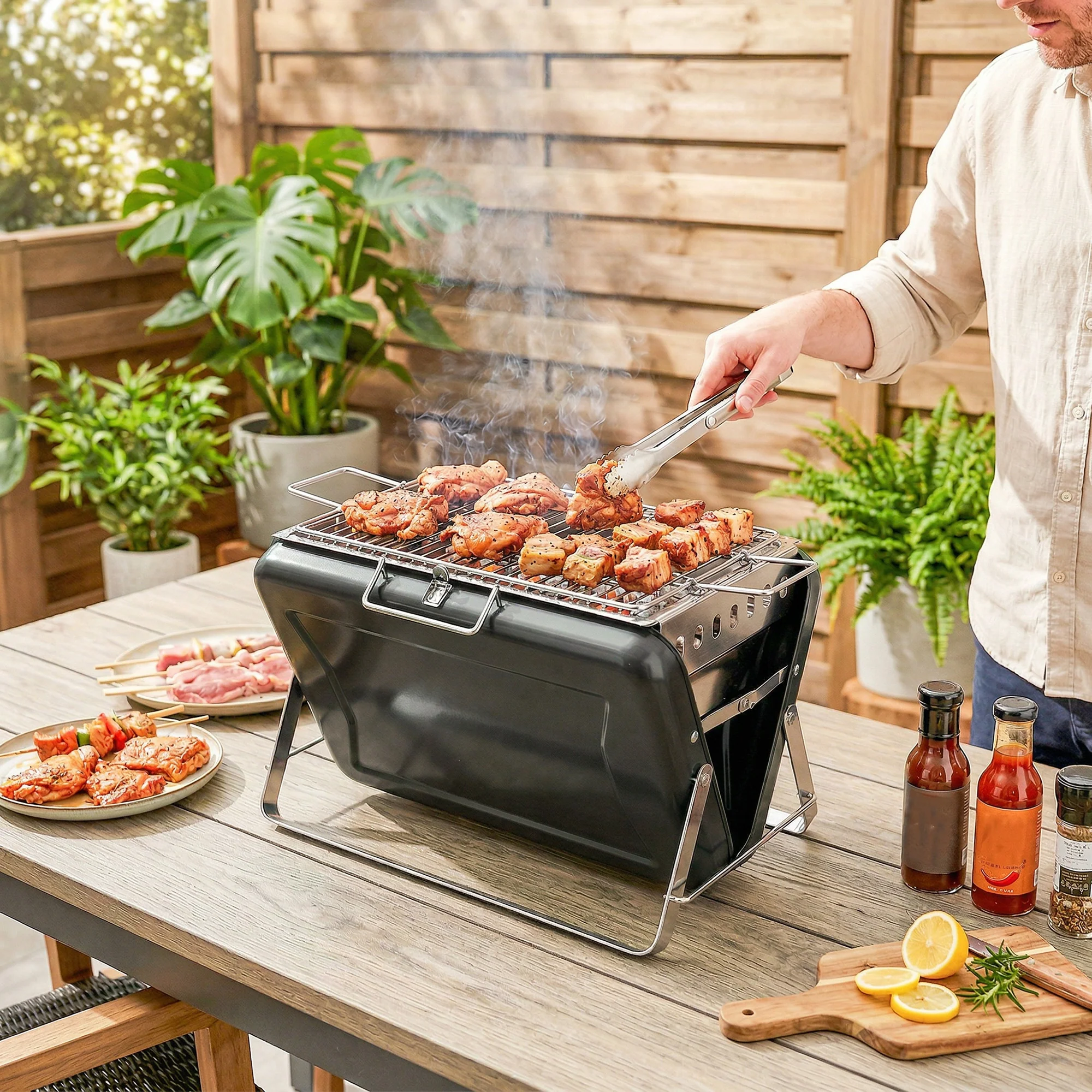 Folding Portable Charcoal BBQ Grill with Handle and Foldable Legs, Black - Image 11