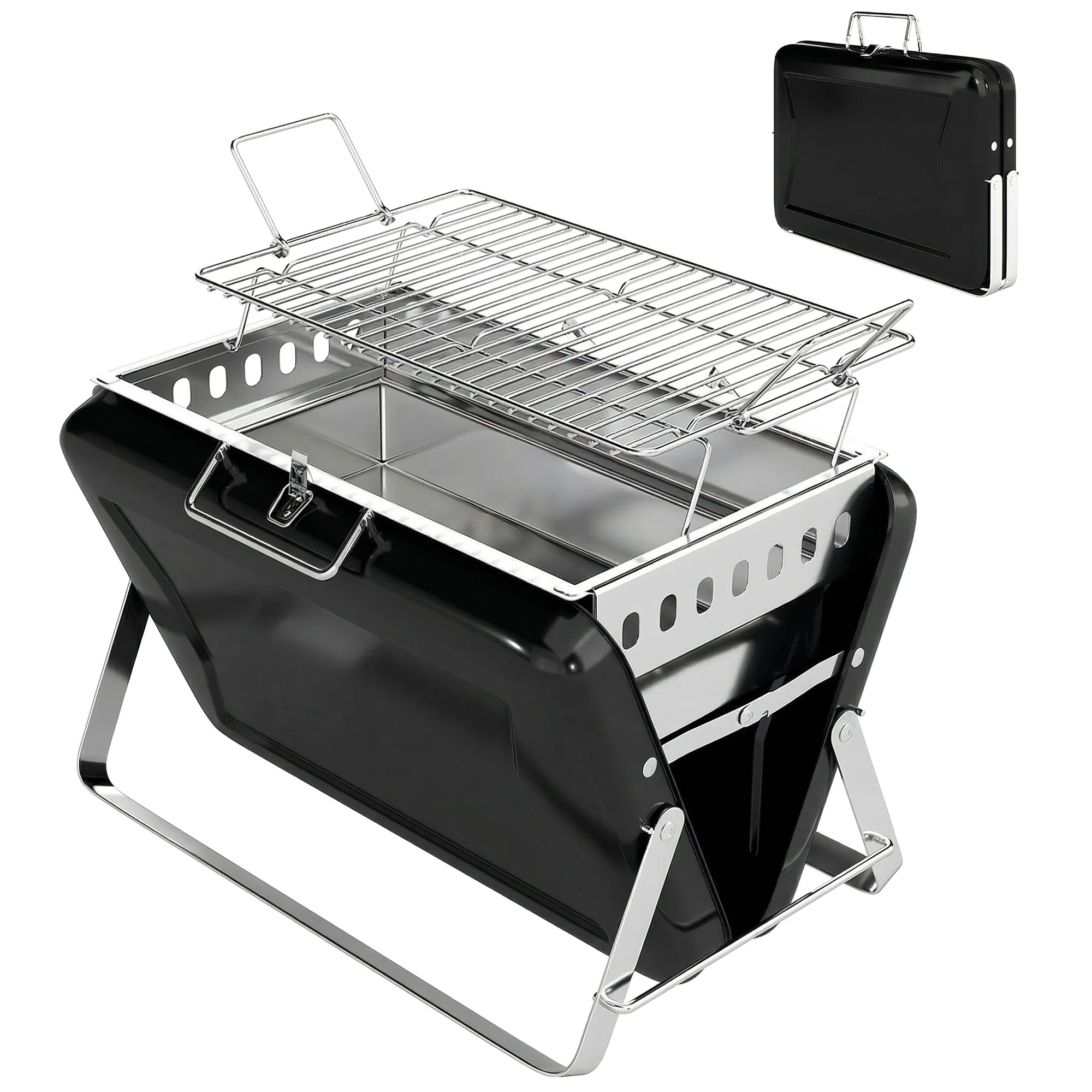 Folding Portable Charcoal BBQ Grill with Handle and Foldable Legs, Black - Image 2