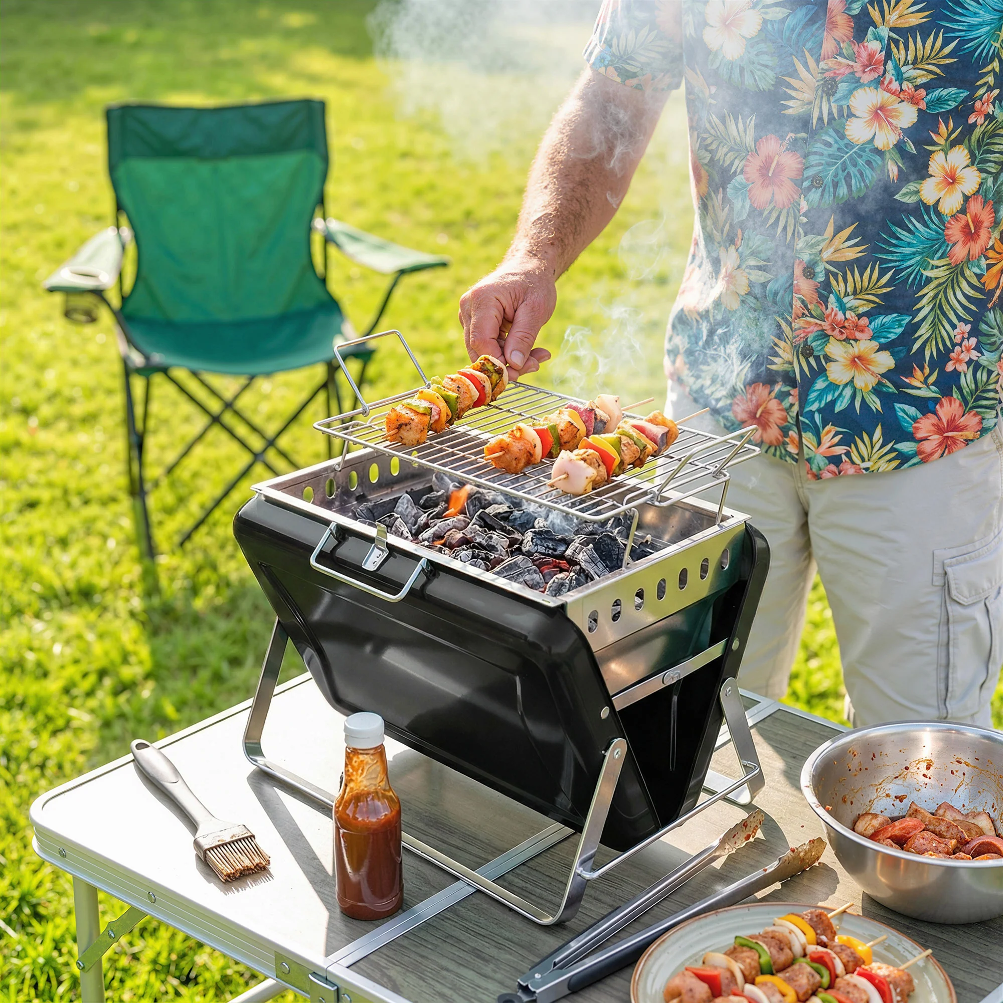 Folding Portable Charcoal BBQ Grill with Handle and Foldable Legs, Black - Image 3