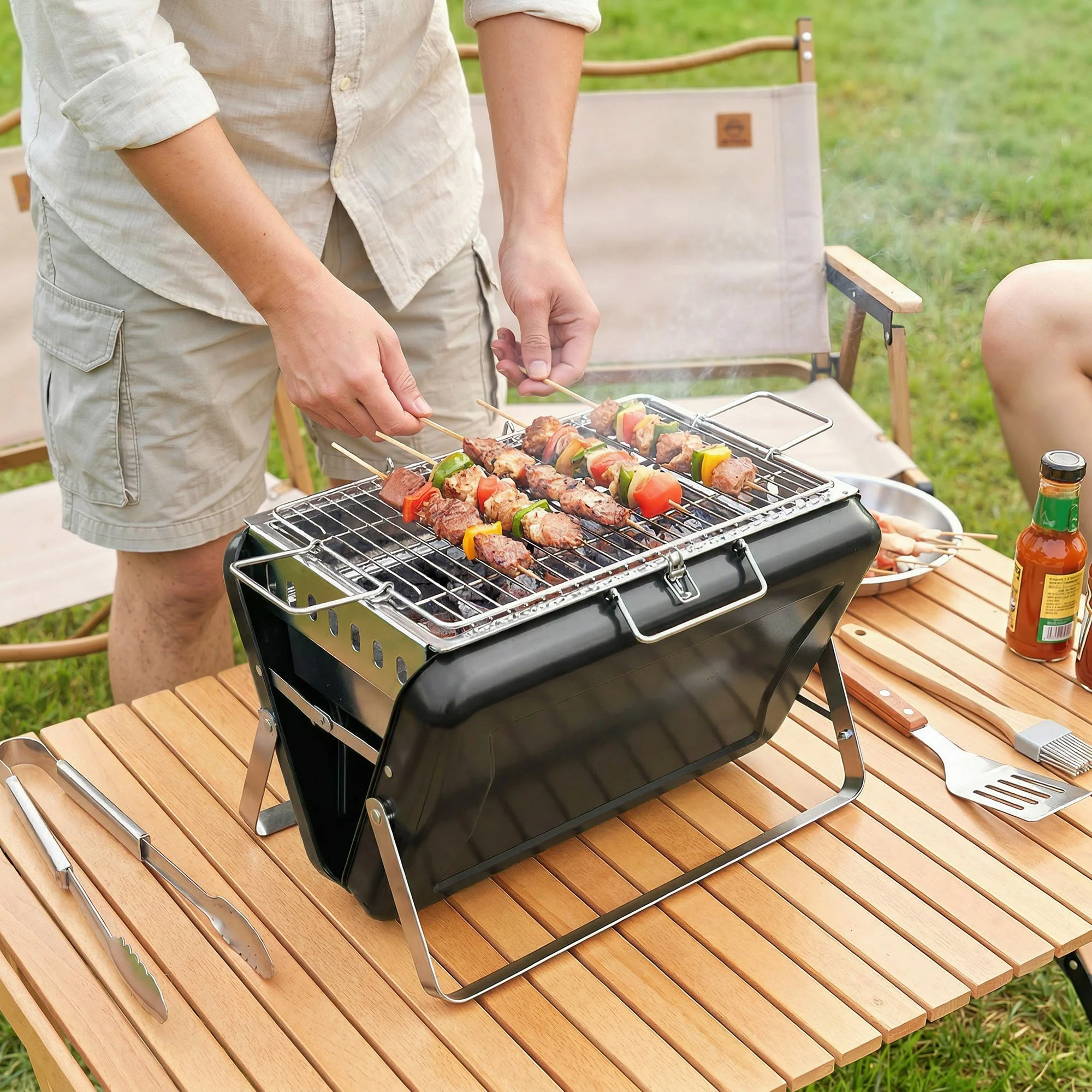 Folding Portable Charcoal BBQ Grill with Handle and Foldable Legs, Black - Image 4