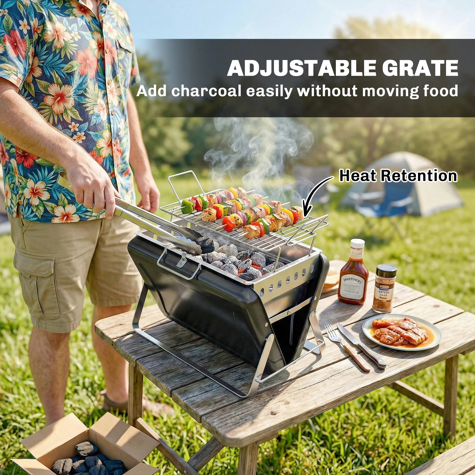 Folding Portable Charcoal BBQ Grill with Handle and Foldable Legs, Black - Image 7