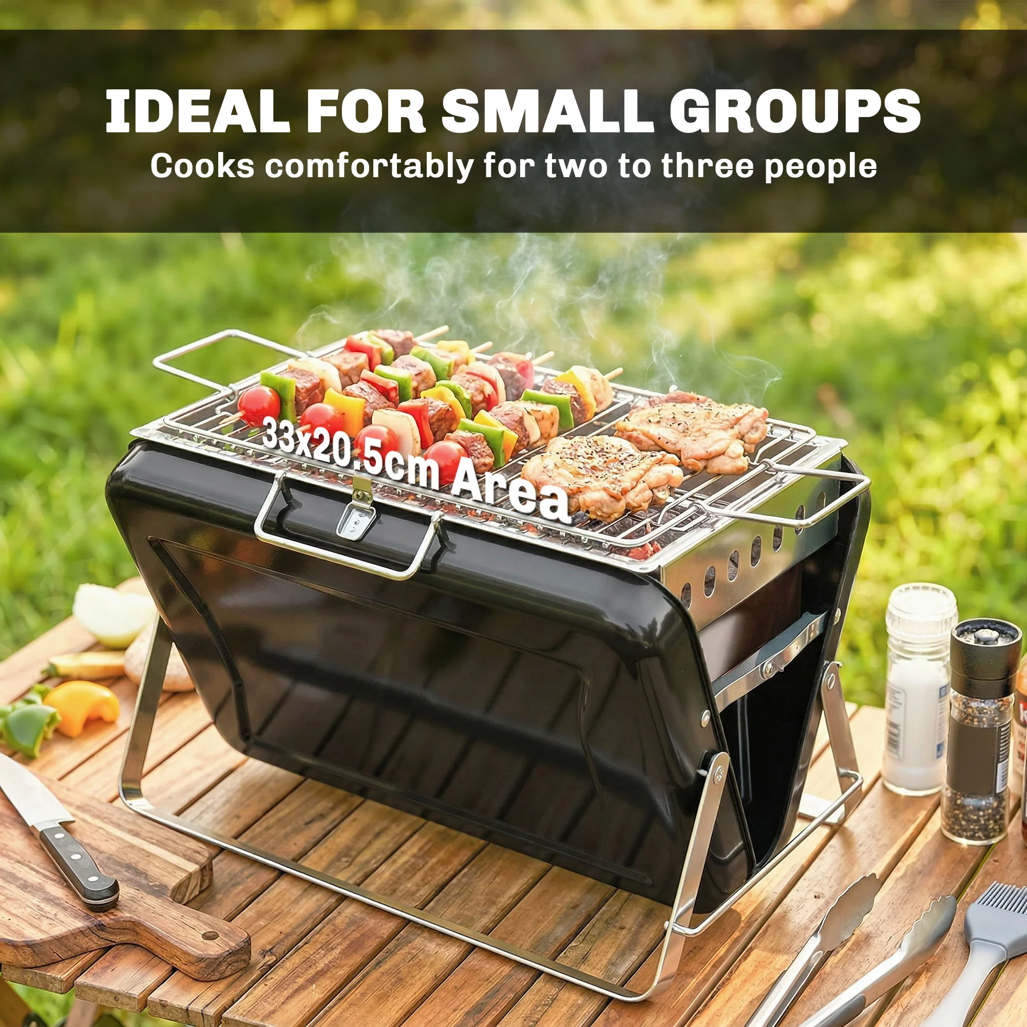 Folding Portable Charcoal BBQ Grill with Handle and Foldable Legs, Black - Image 8