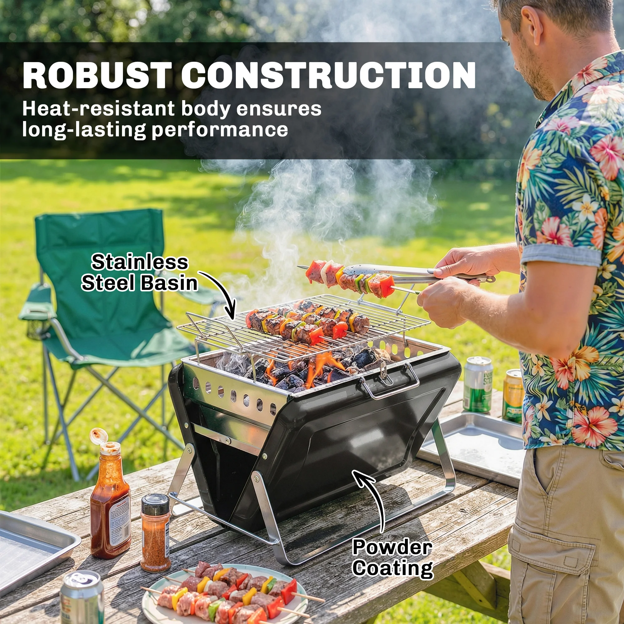 Folding Portable Charcoal BBQ Grill with Handle and Foldable Legs, Black - Image 9