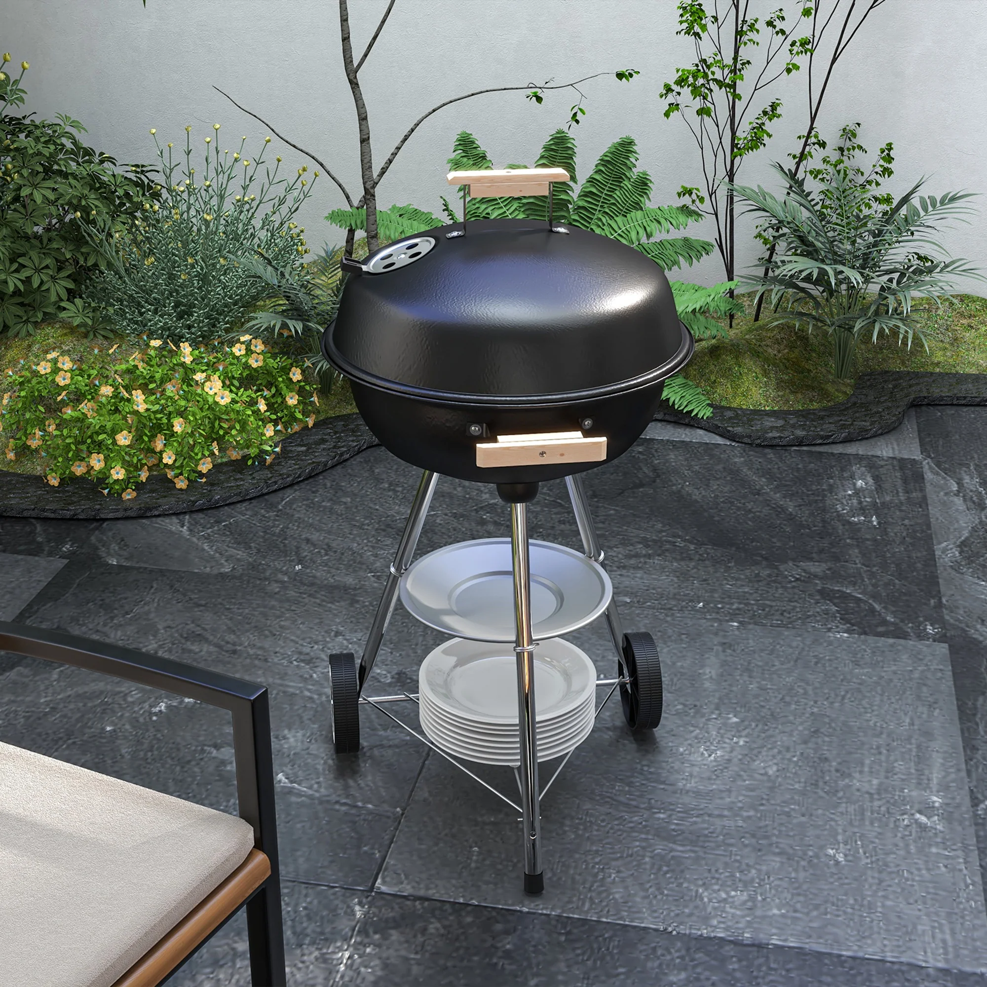Portable Charcoal Grill with Air Vents & Storage Shelf, Black - Image 3
