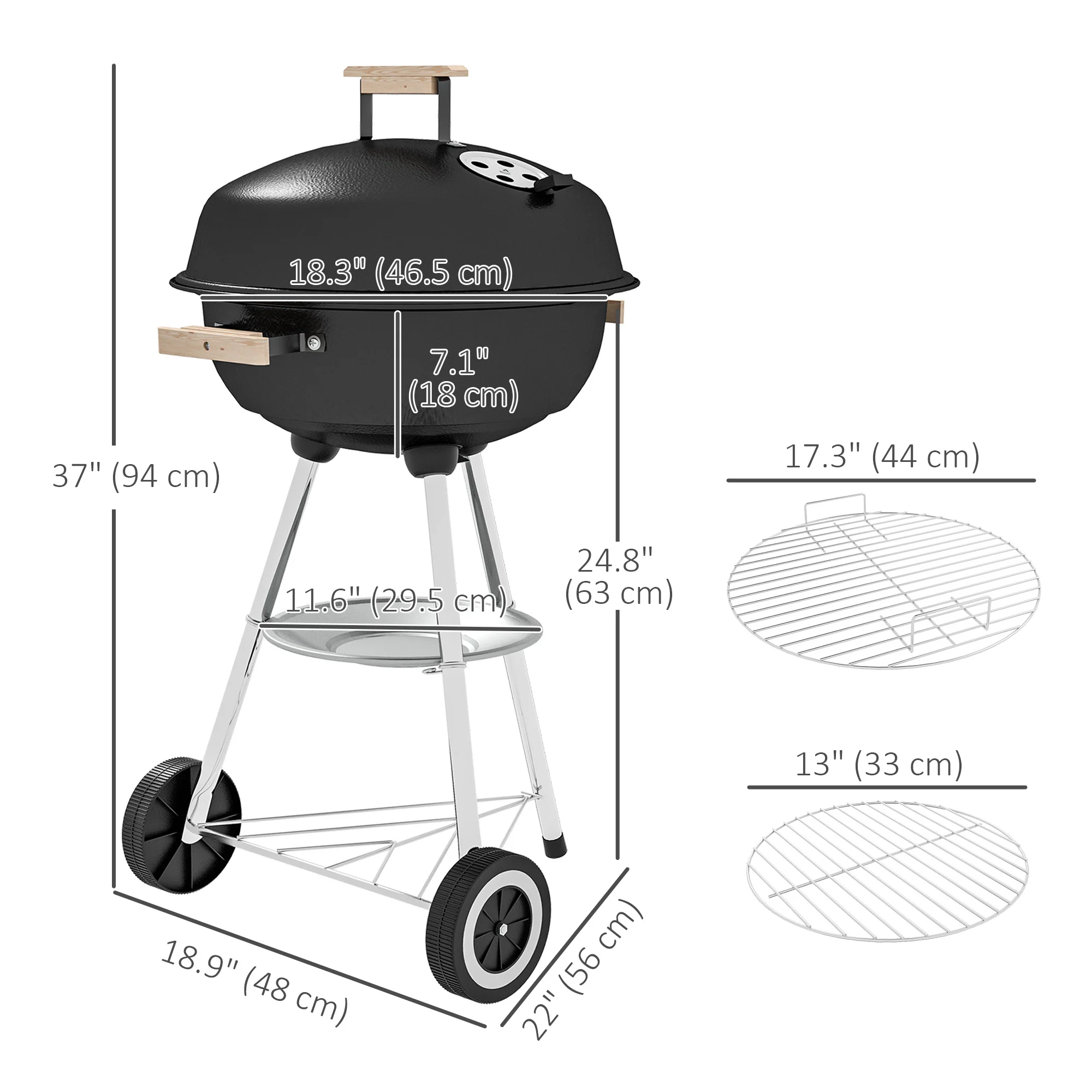 Portable Charcoal Grill with Air Vents & Storage Shelf, Black - Image 5