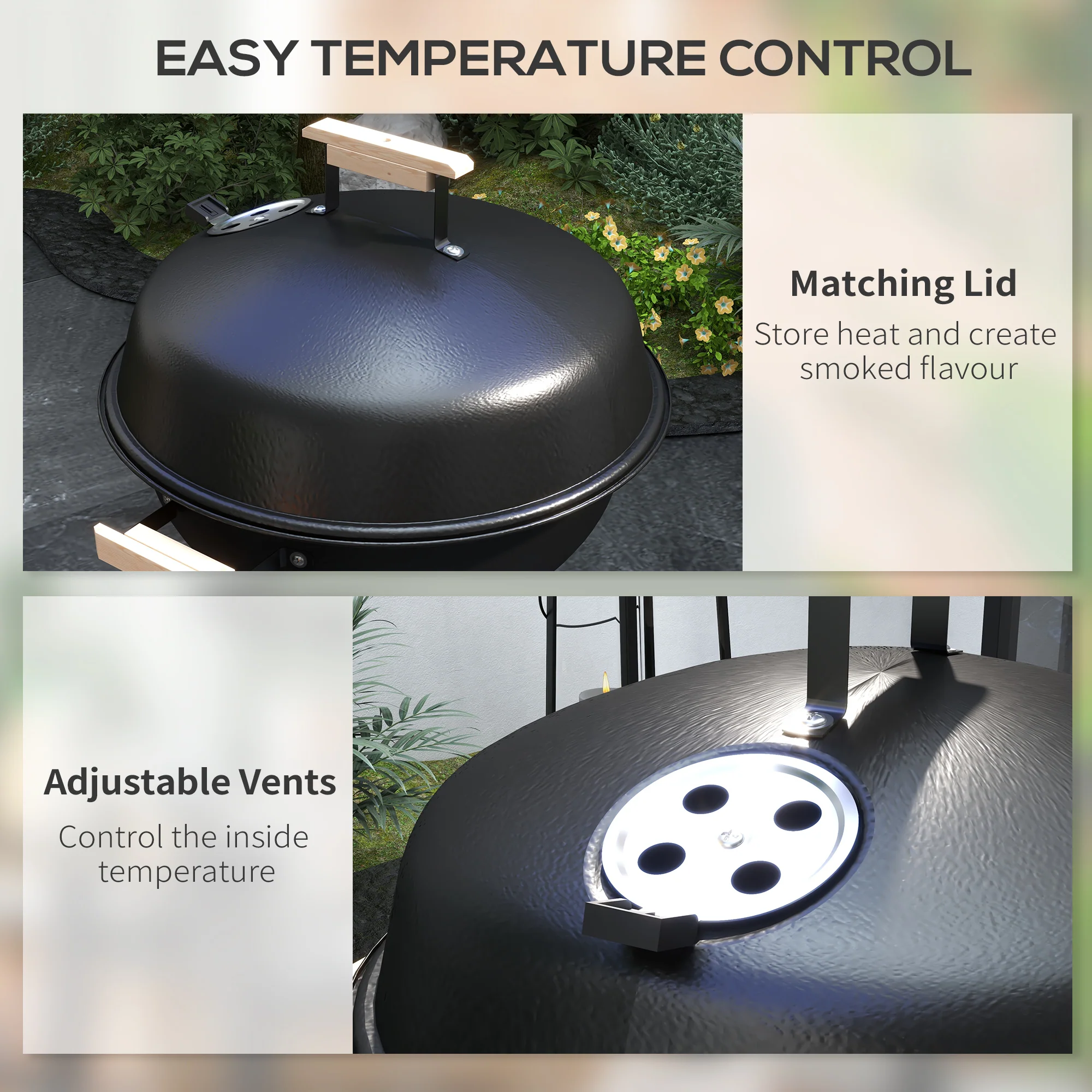 Portable Charcoal Grill with Air Vents & Storage Shelf, Black - Image 7