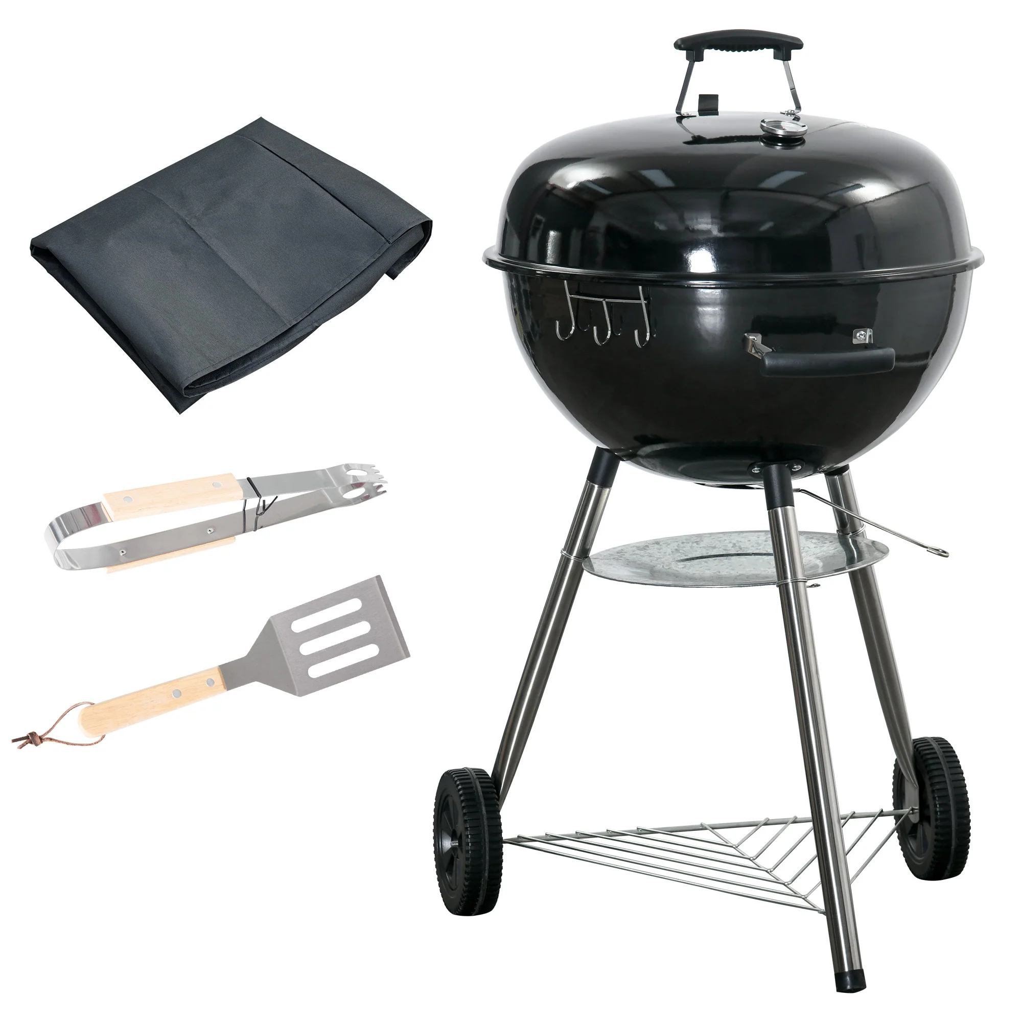 Portable Kettle Charcoal BBQ Smoker with Lid, Shelf & Wheels - Image 13
