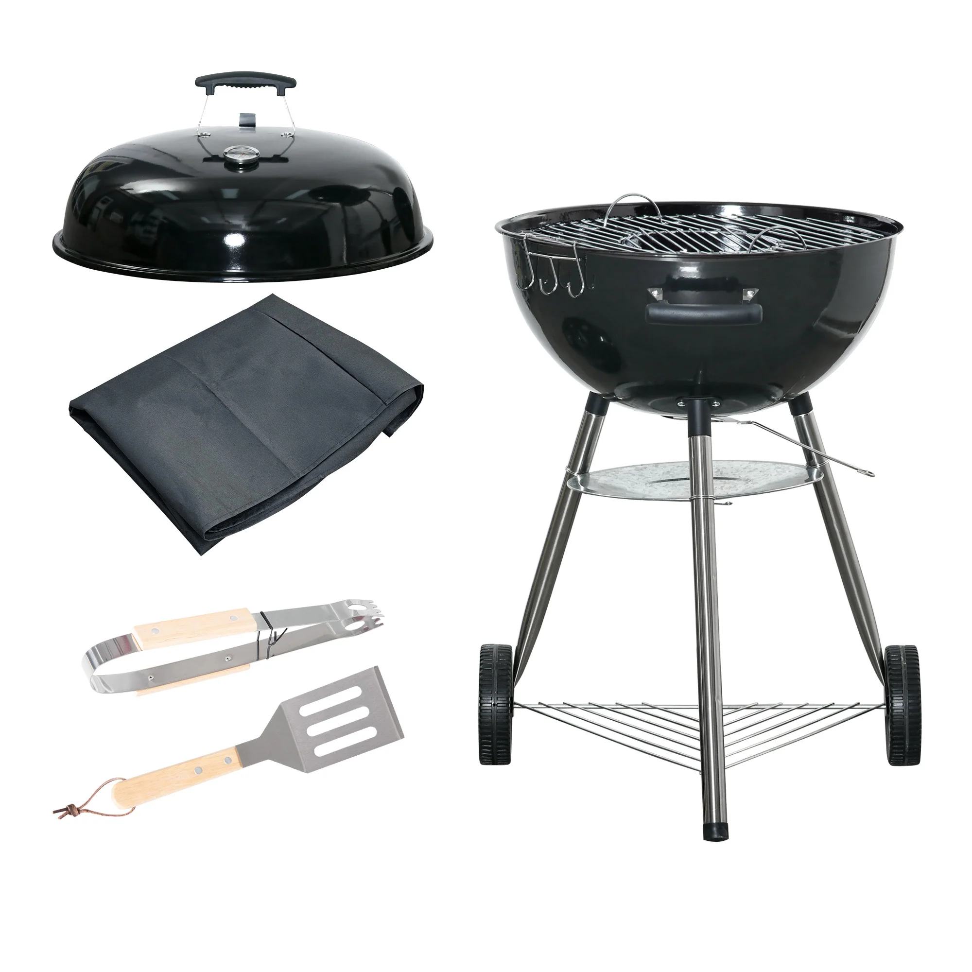 Portable Kettle Charcoal BBQ Smoker with Lid, Shelf & Wheels - Image 2