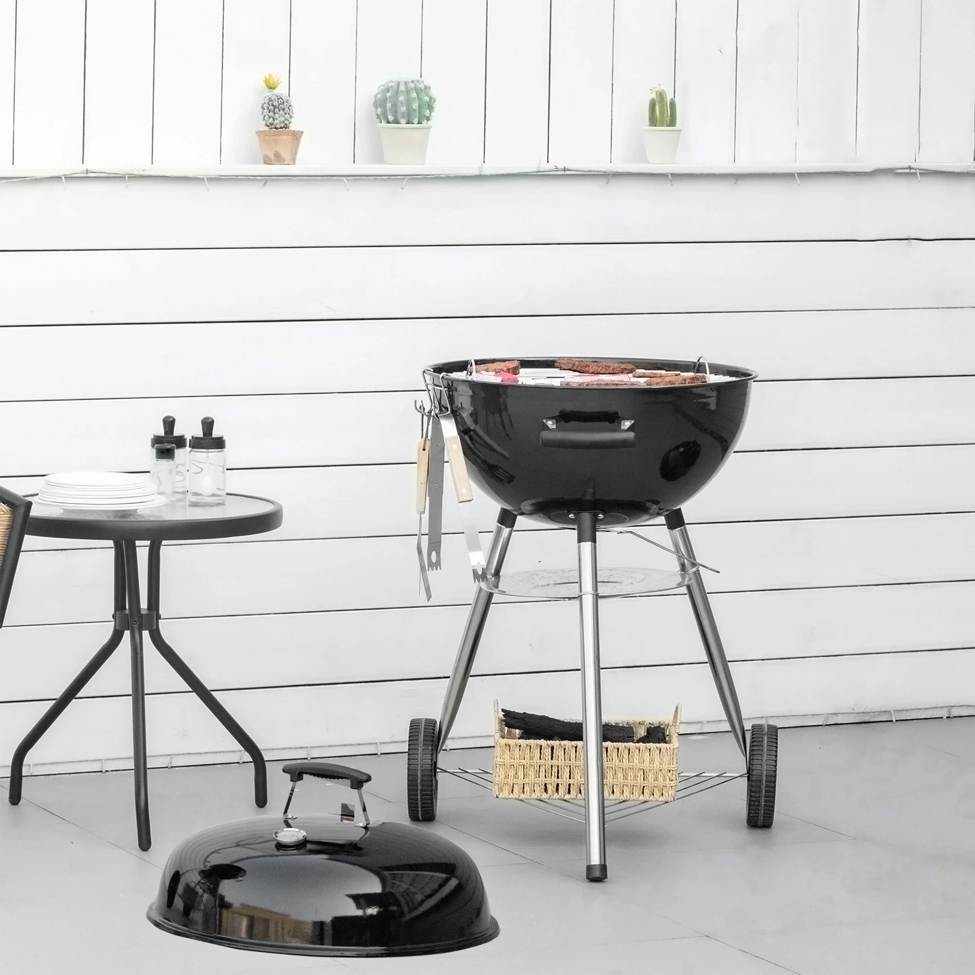 Portable Kettle Charcoal BBQ Smoker with Lid, Shelf & Wheels - Image 3