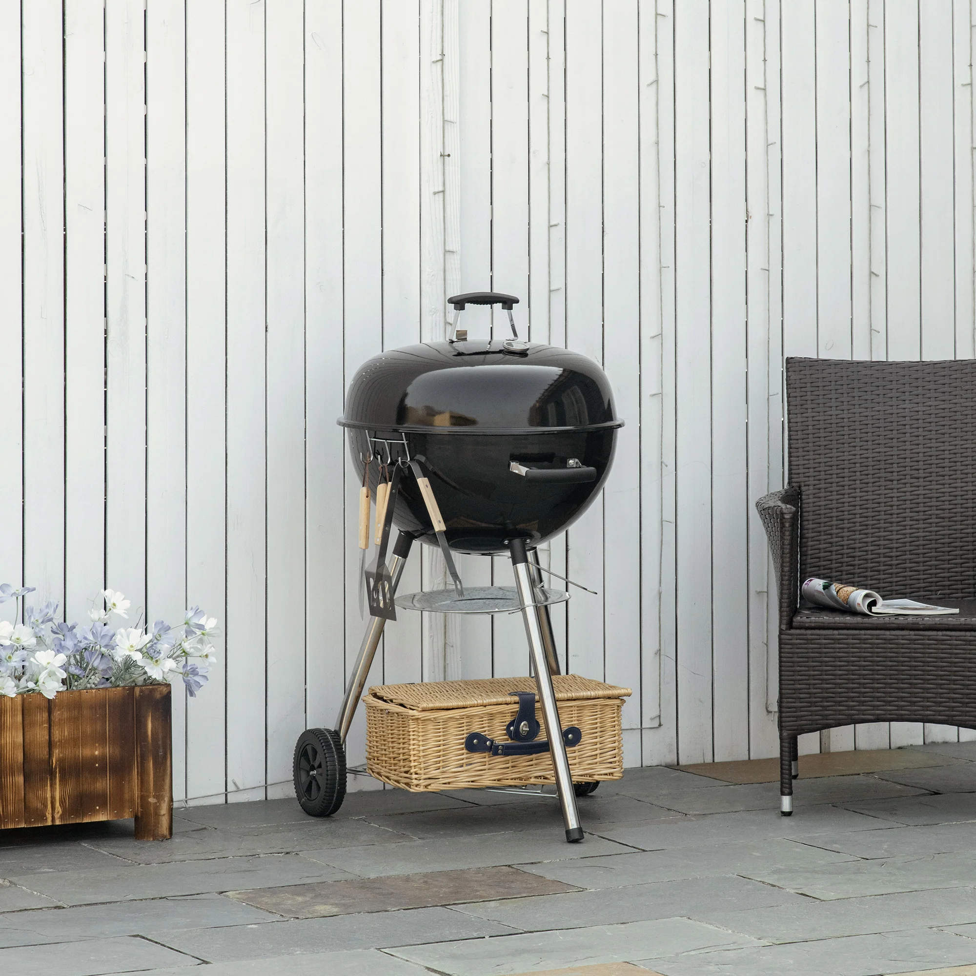 Portable Kettle Charcoal BBQ Smoker with Lid, Shelf & Wheels - Image 4