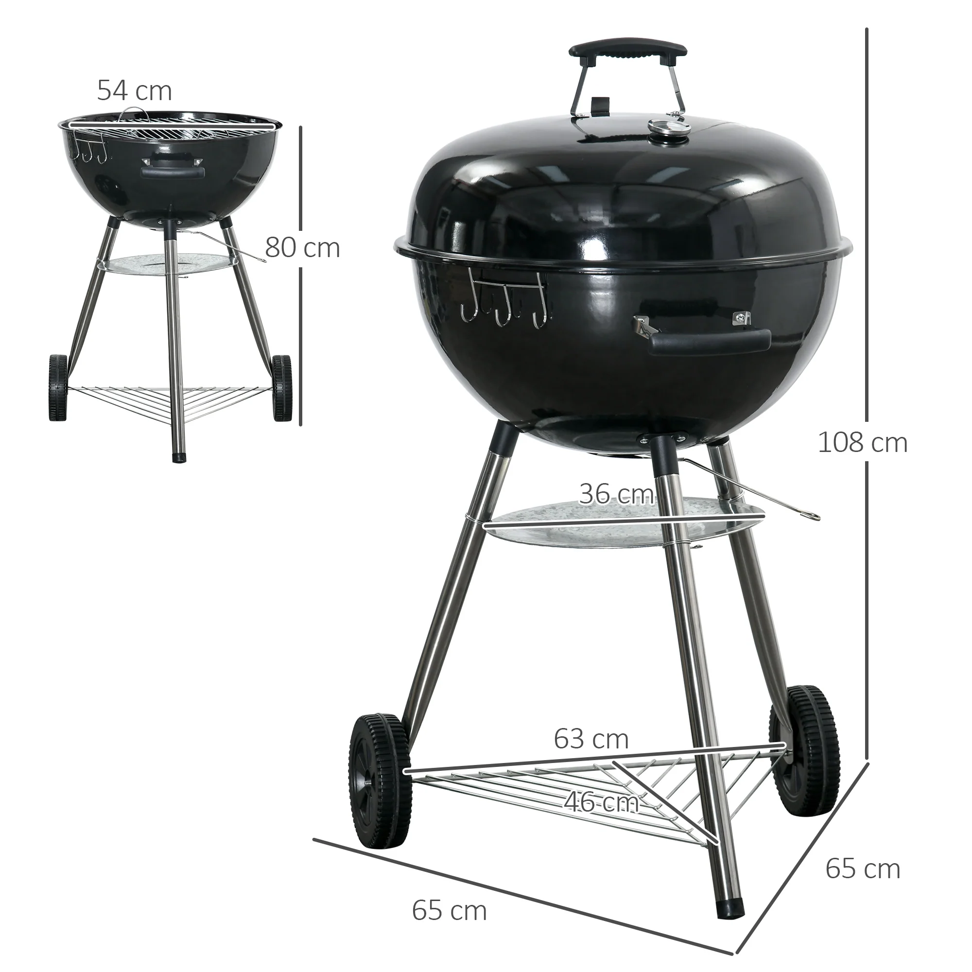 Portable Kettle Charcoal BBQ Smoker with Lid, Shelf & Wheels - Image 5