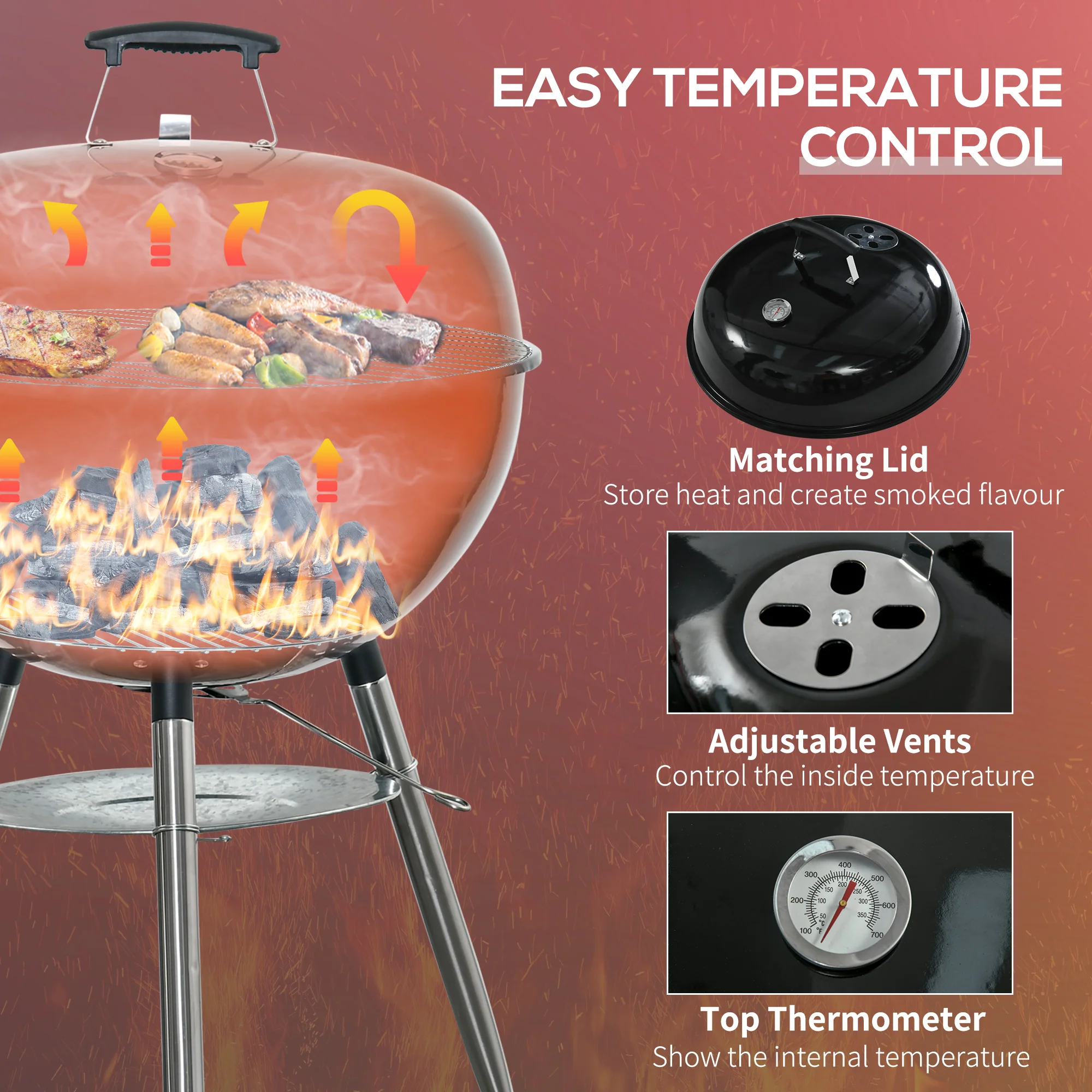 Portable Kettle Charcoal BBQ Smoker with Lid, Shelf & Wheels - Image 7