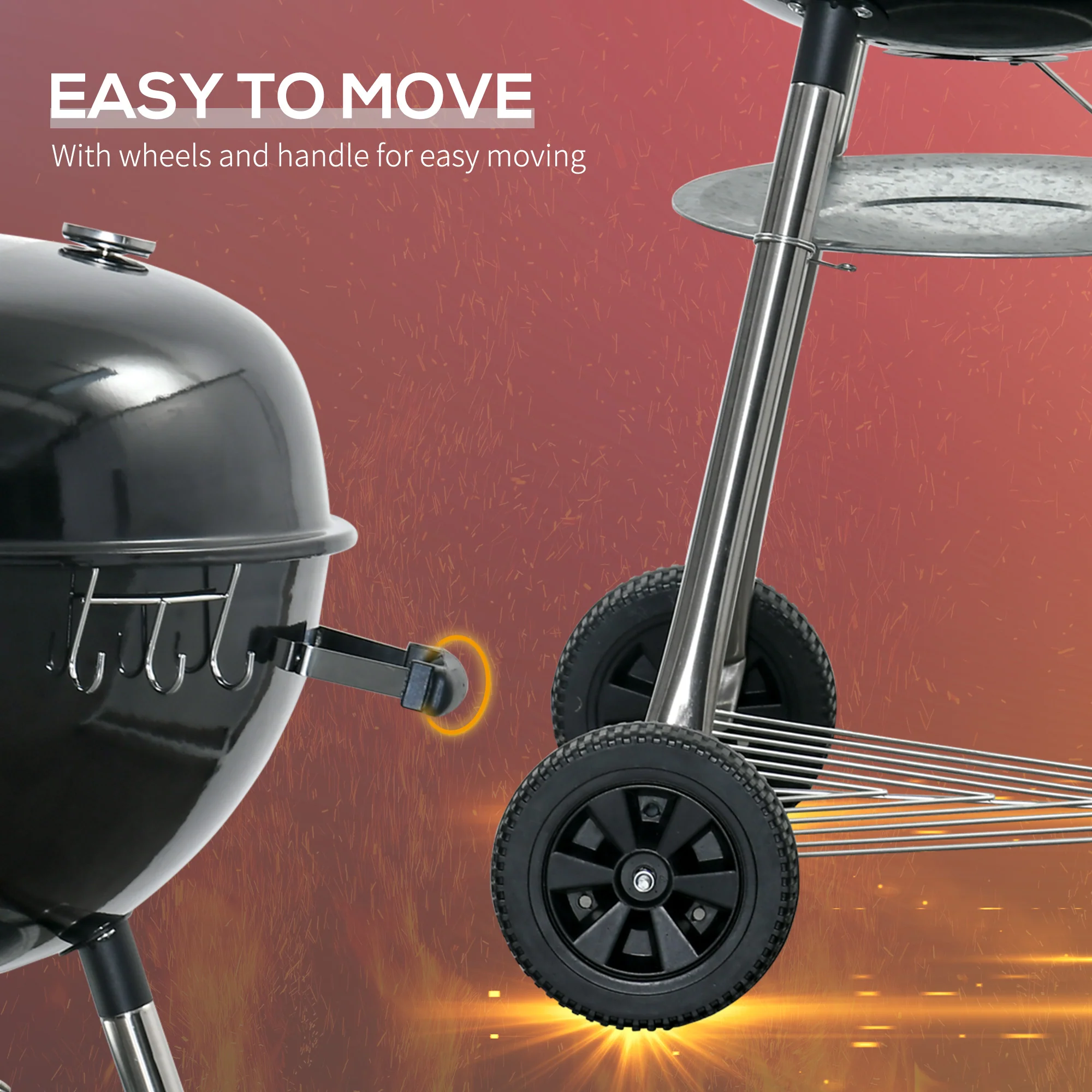 Portable Kettle Charcoal BBQ Smoker with Lid, Shelf & Wheels - Image 9