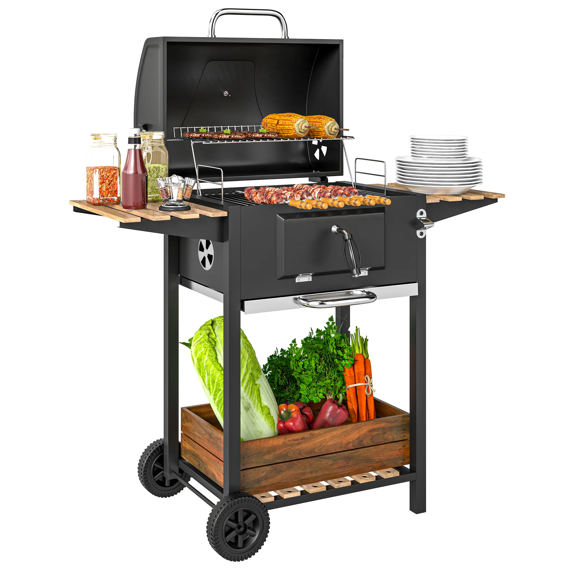 Portable Charcoal Grill with Adjustable Pan & 3 Shelves, Wheeled Barbecue Grill with Thermometer