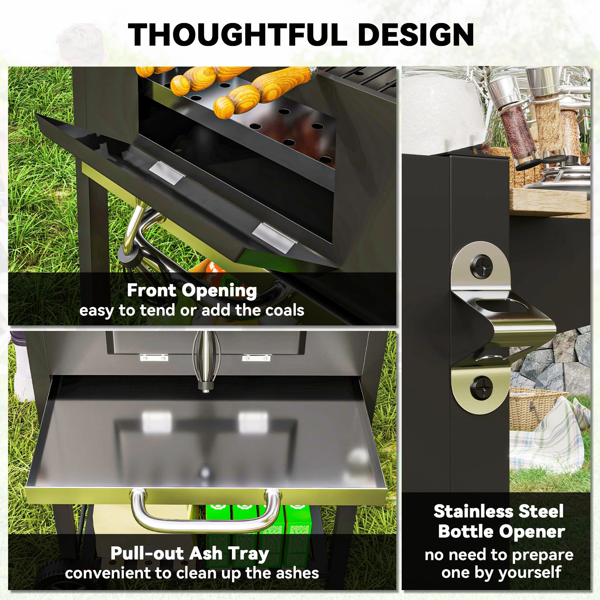Portable Charcoal Grill with Adjustable Pan & 3 Shelves, Wheeled Barbecue Grill with Thermometer - Image 10