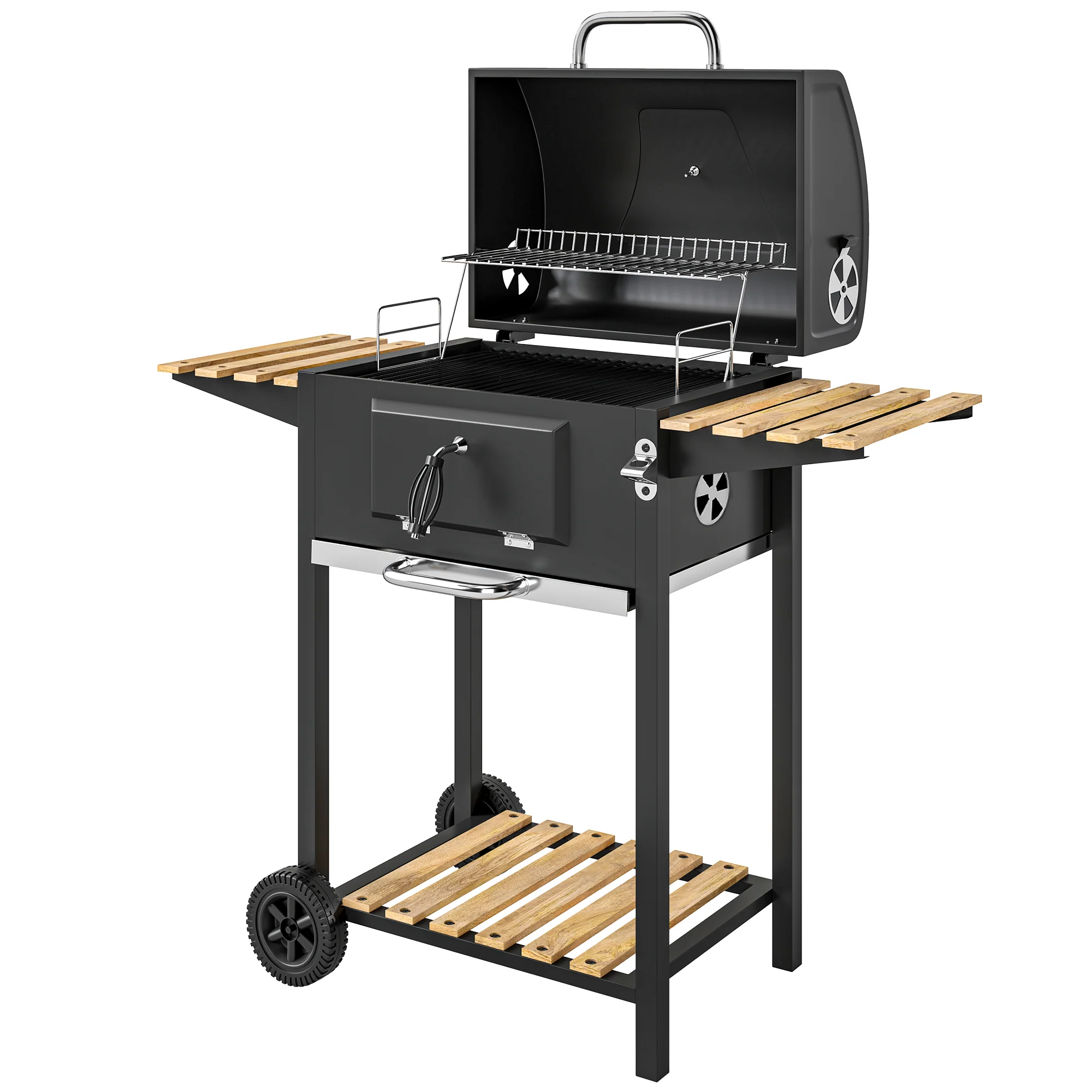 Portable Charcoal Grill with Adjustable Pan & 3 Shelves, Wheeled Barbecue Grill with Thermometer - Image 2
