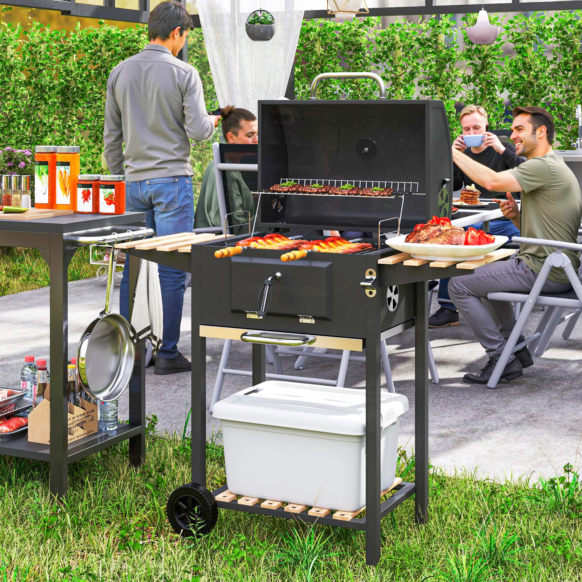 Portable Charcoal Grill with Adjustable Pan & 3 Shelves, Wheeled Barbecue Grill with Thermometer - Image 3