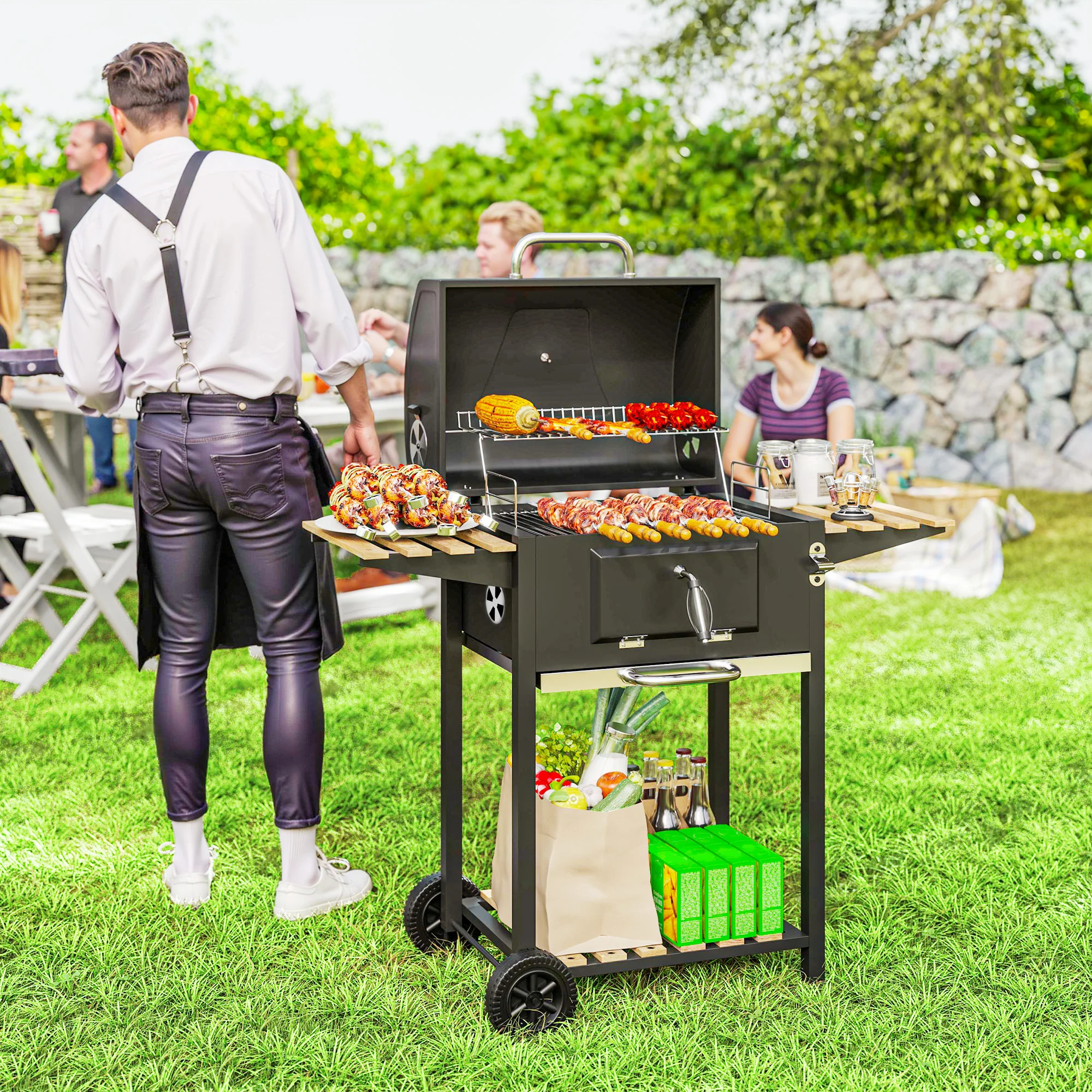 Portable Charcoal Grill with Adjustable Pan & 3 Shelves, Wheeled Barbecue Grill with Thermometer - Image 4