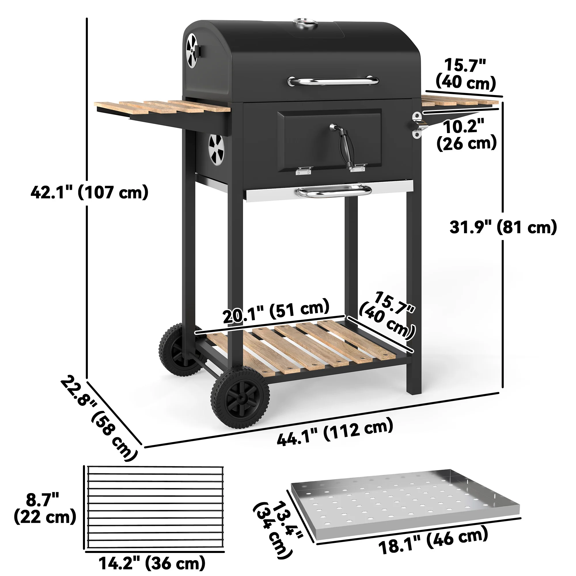Portable Charcoal Grill with Adjustable Pan & 3 Shelves, Wheeled Barbecue Grill with Thermometer - Image 5