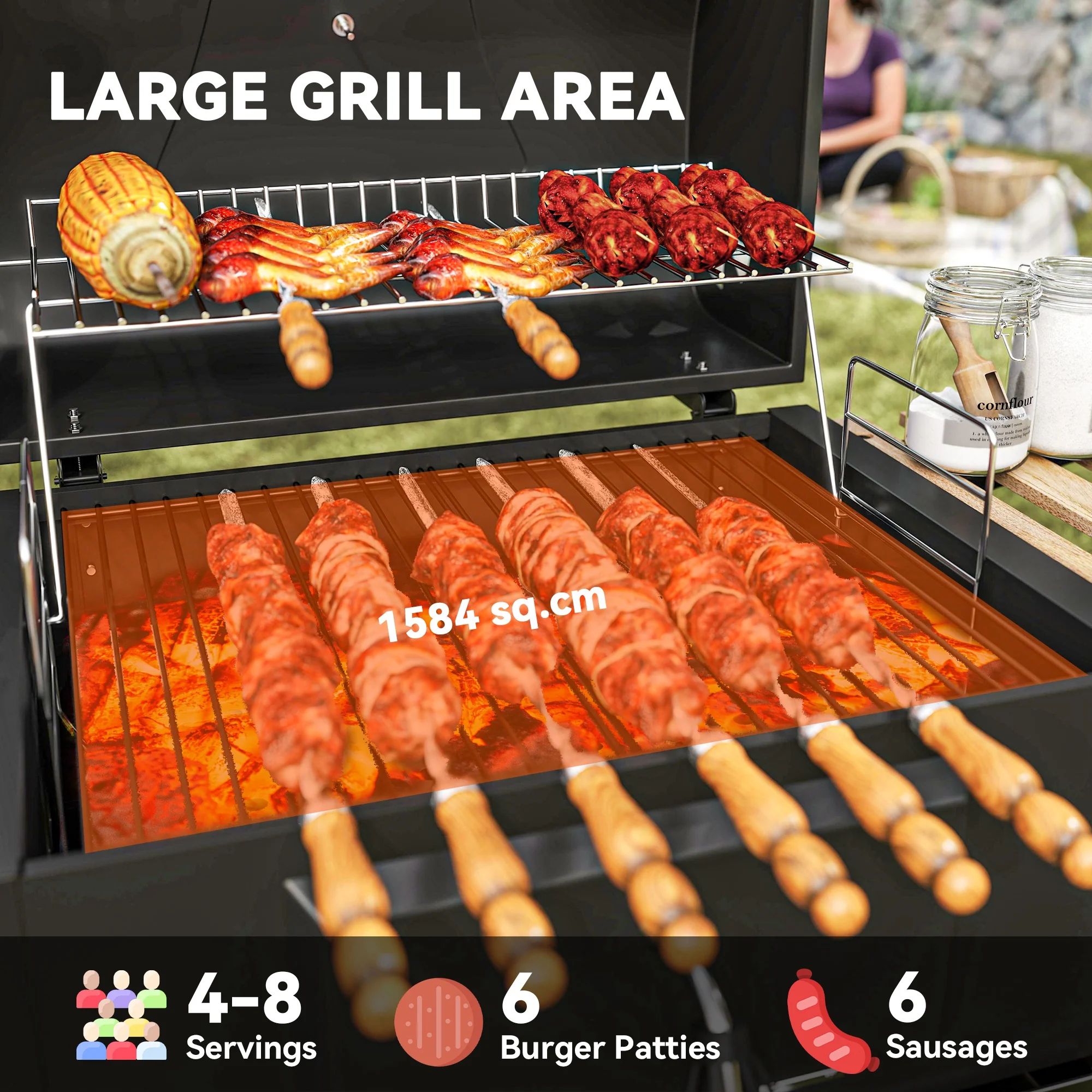 Portable Charcoal Grill with Adjustable Pan & 3 Shelves, Wheeled Barbecue Grill with Thermometer - Image 6