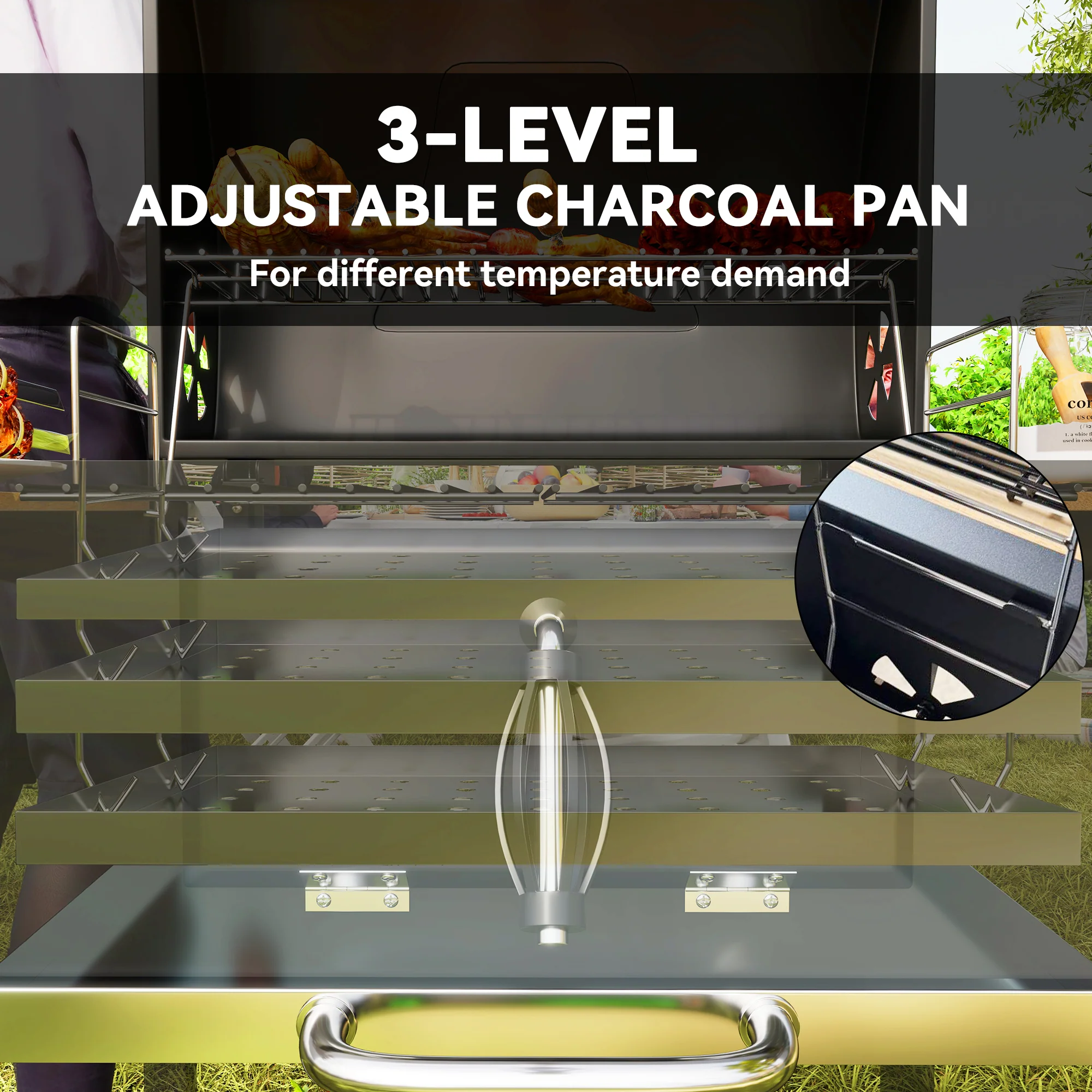 Portable Charcoal Grill with Adjustable Pan & 3 Shelves, Wheeled Barbecue Grill with Thermometer - Image 7