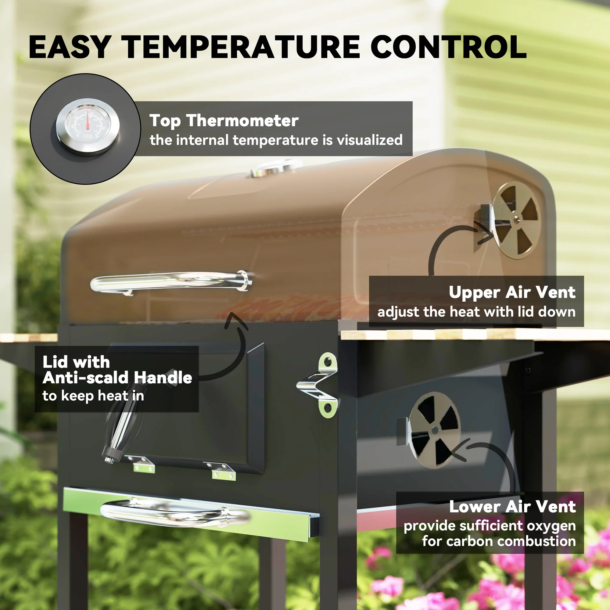 Portable Charcoal Grill with Adjustable Pan & 3 Shelves, Wheeled Barbecue Grill with Thermometer - Image 8