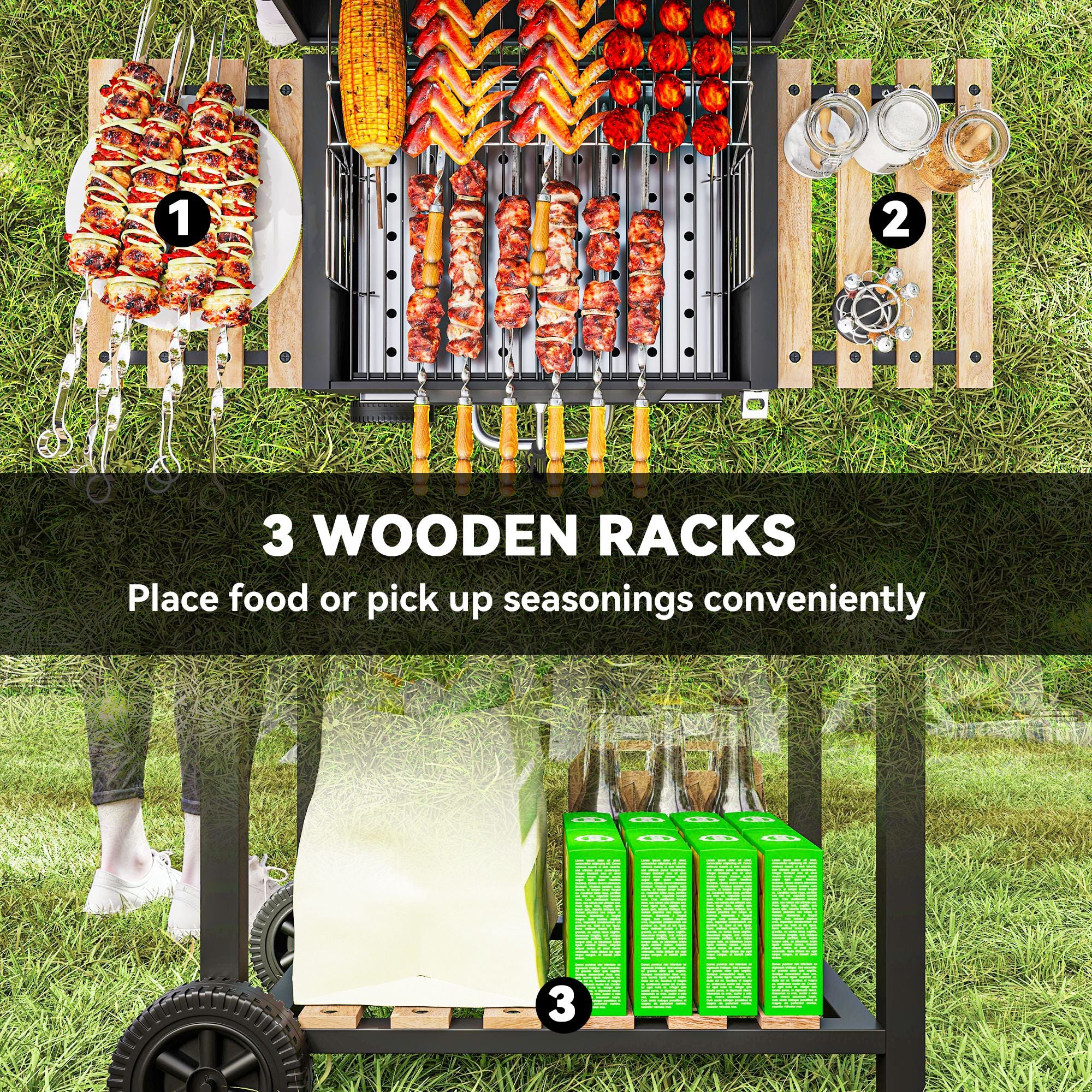 Portable Charcoal Grill with Adjustable Pan & 3 Shelves, Wheeled Barbecue Grill with Thermometer - Image 9