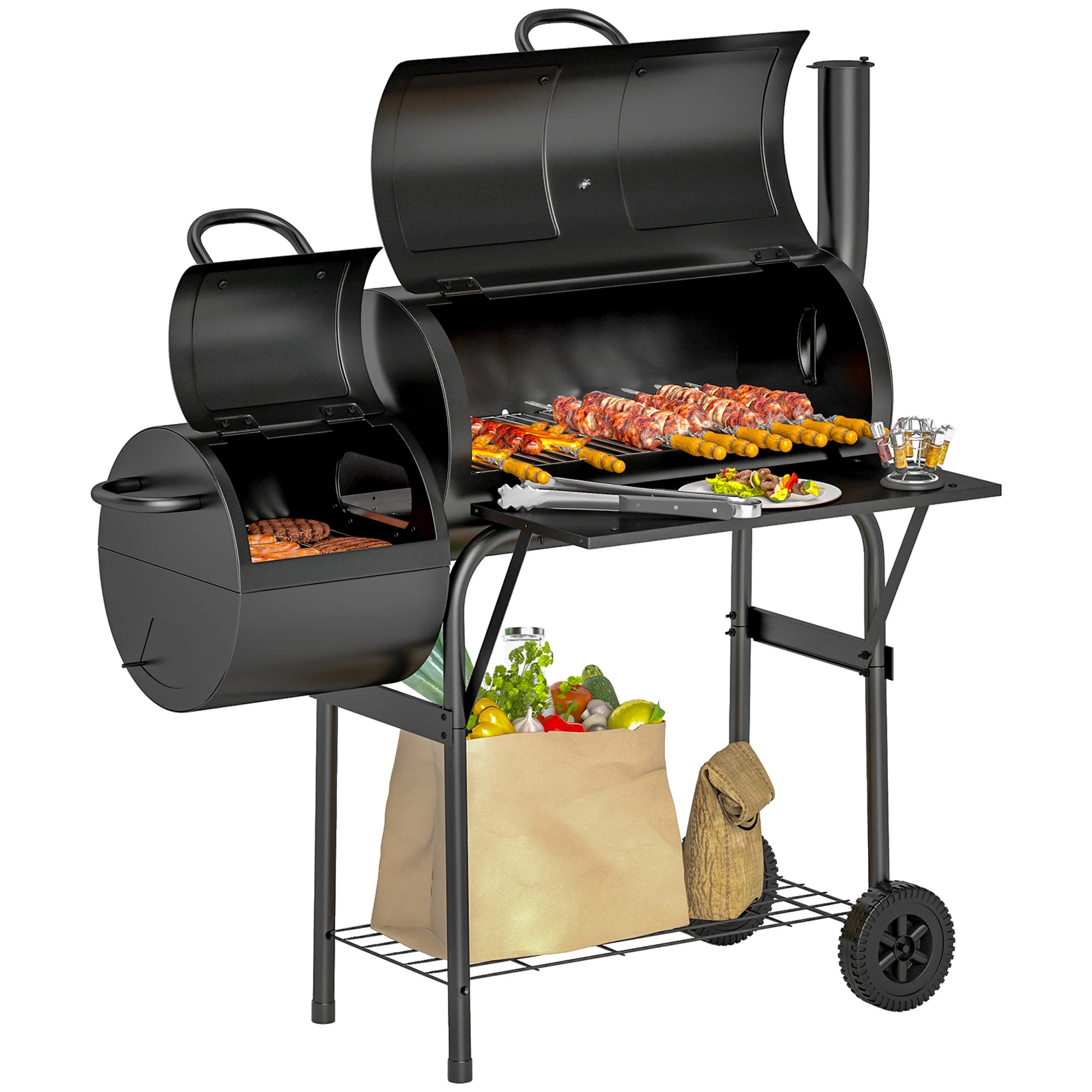 Portable Charcoal Grill with Offset Smoker & 2 Shelves, Black