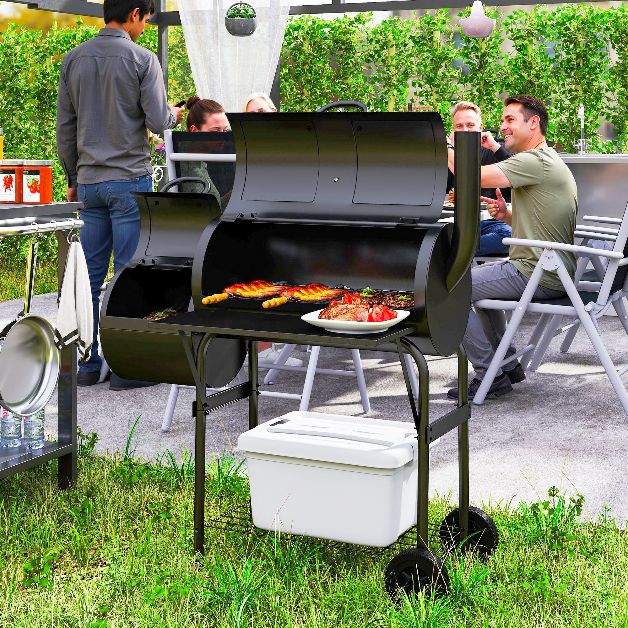 Portable Charcoal Grill with Offset Smoker & 2 Shelves, Black - Image 3