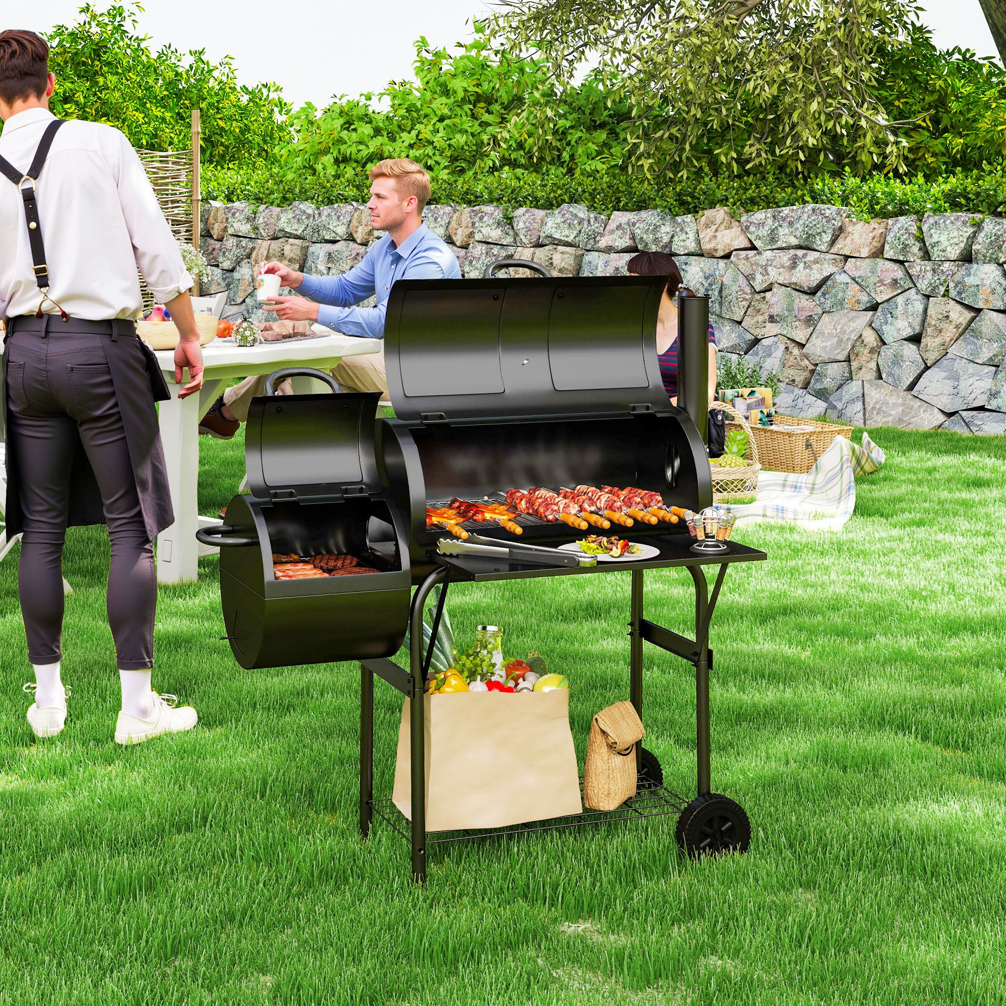 Portable Charcoal Grill with Offset Smoker & 2 Shelves, Black - Image 4
