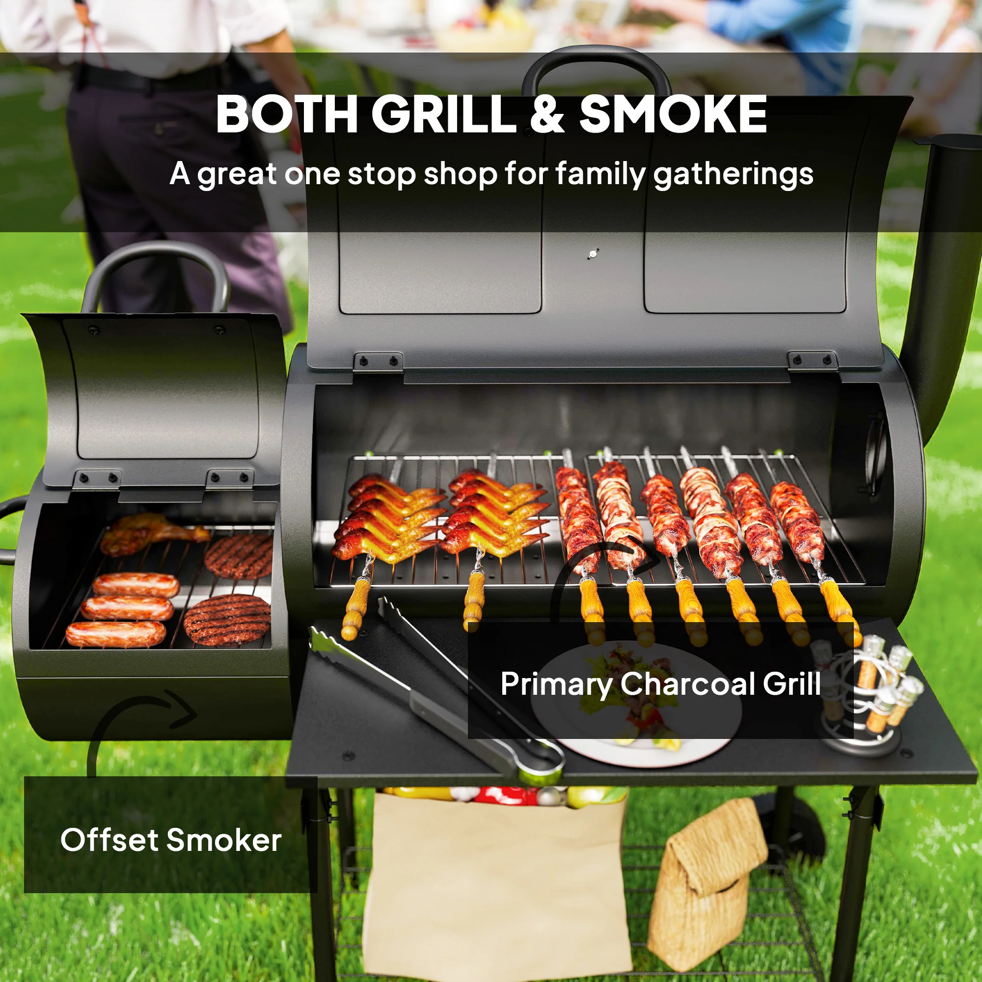 Portable Charcoal Grill with Offset Smoker & 2 Shelves, Black - Image 6
