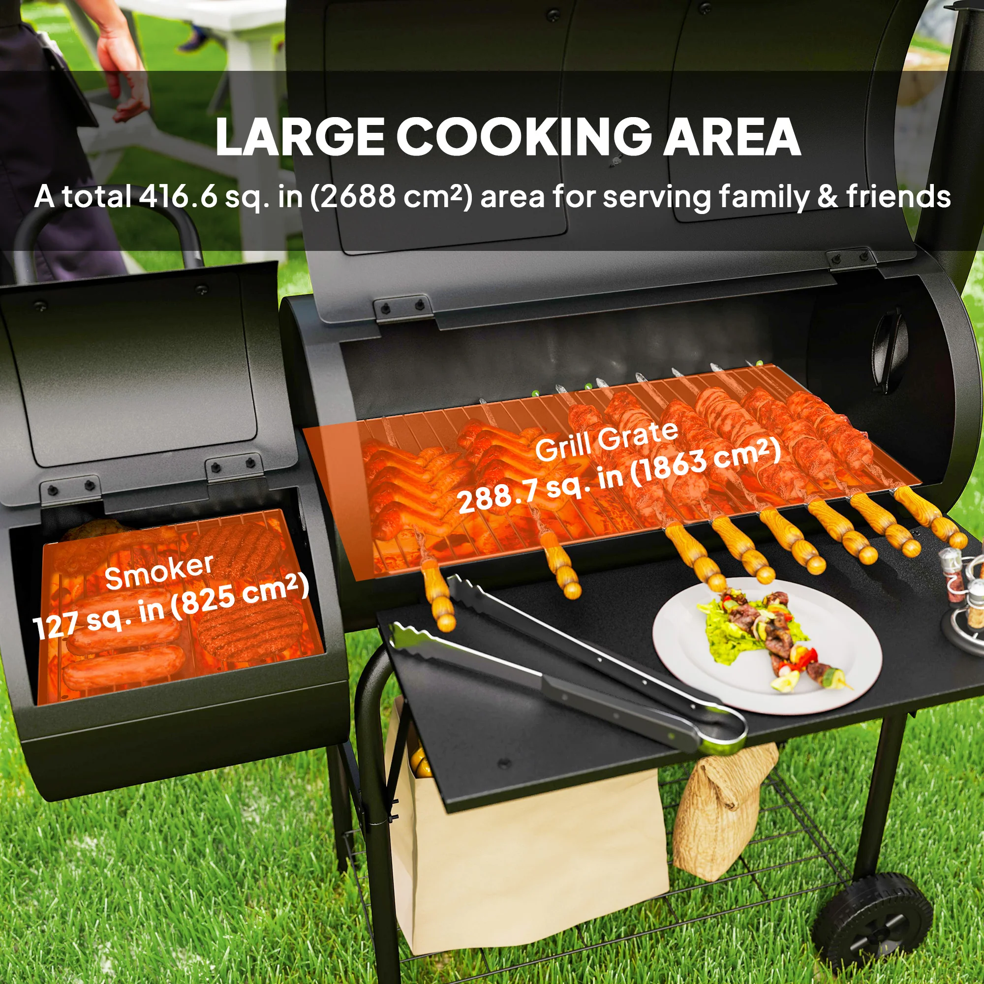 Portable Charcoal Grill with Offset Smoker & 2 Shelves, Black - Image 7