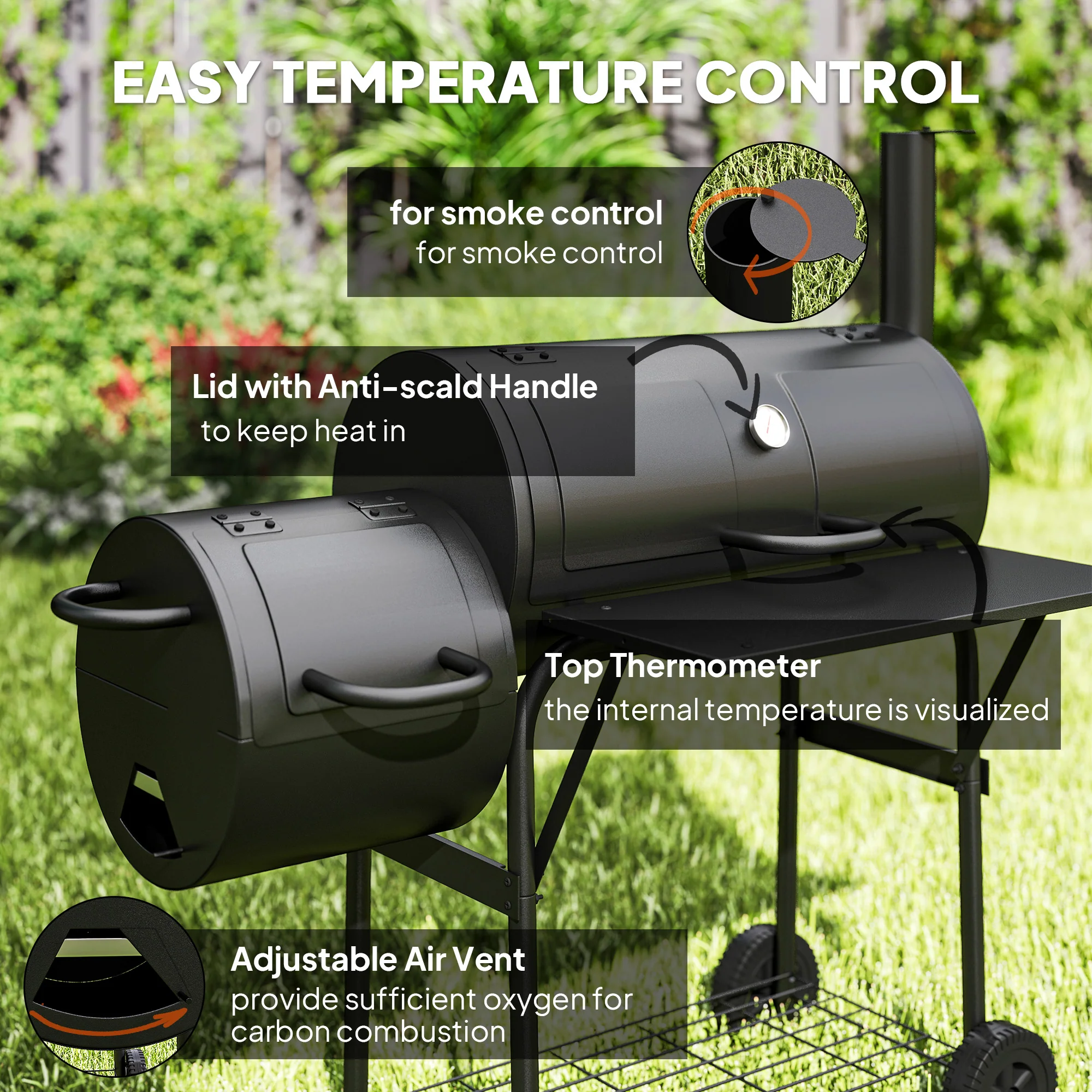 Portable Charcoal Grill with Offset Smoker & 2 Shelves, Black - Image 8