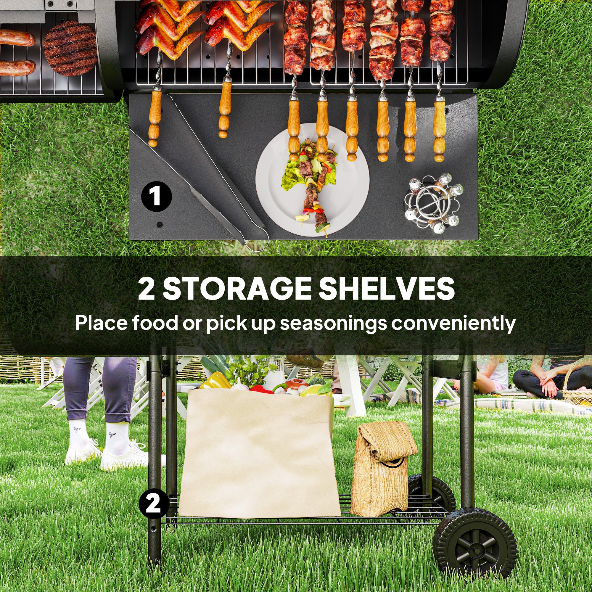 Portable Charcoal Grill with Offset Smoker & 2 Shelves, Black - Image 9