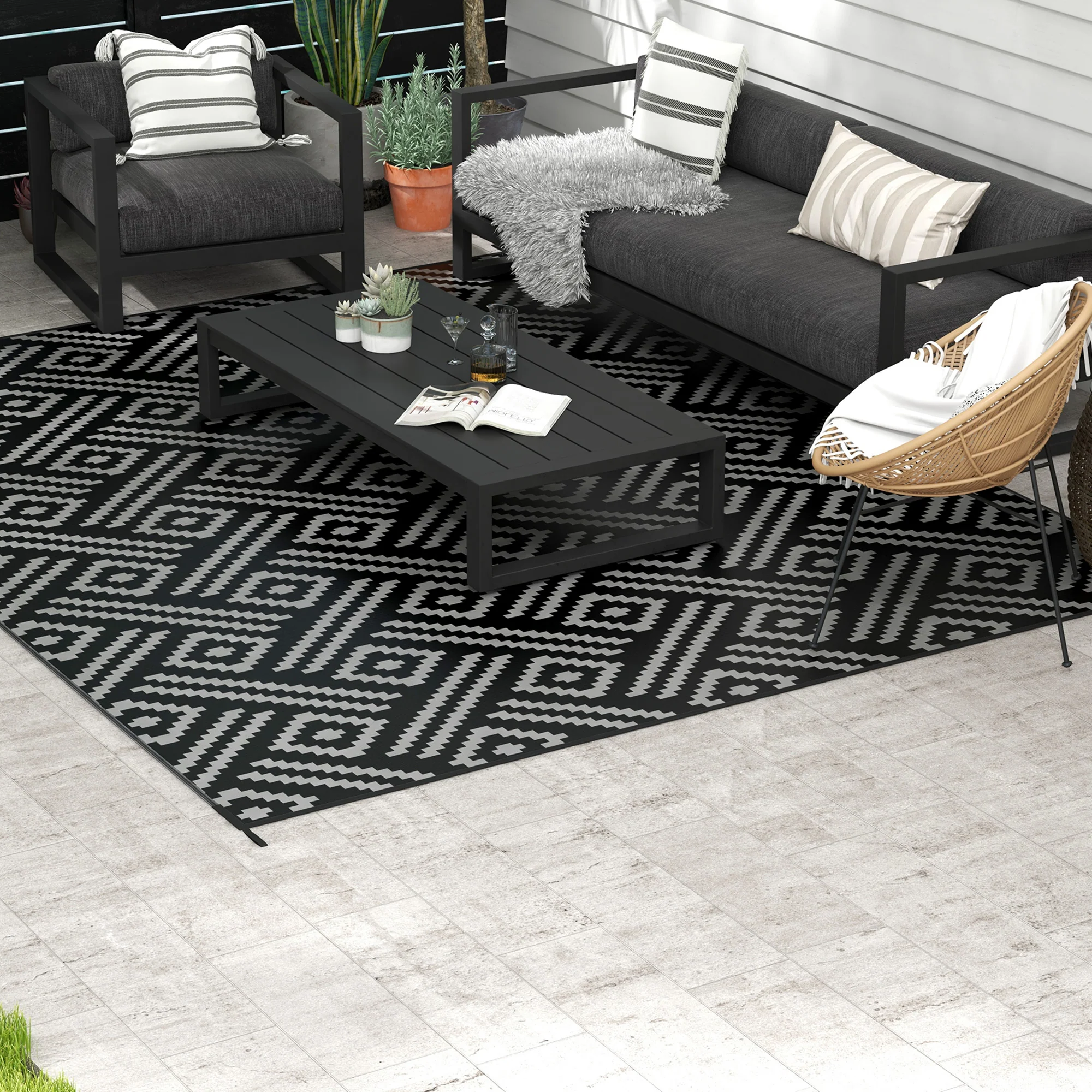 9' x 12' Reversible Mat w/ Carry Bag, Geometric Waterproof RV Rug for Backyard, Black & Grey - Image 3