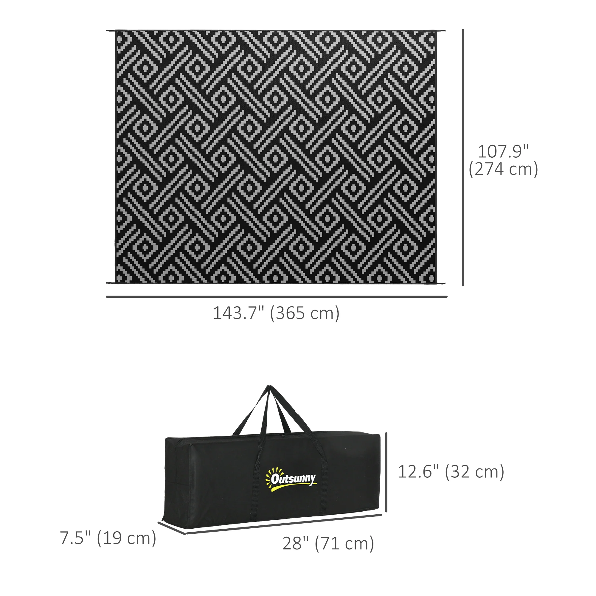 9' x 12' Reversible Mat w/ Carry Bag, Geometric Waterproof RV Rug for Backyard, Black & Grey - Image 5