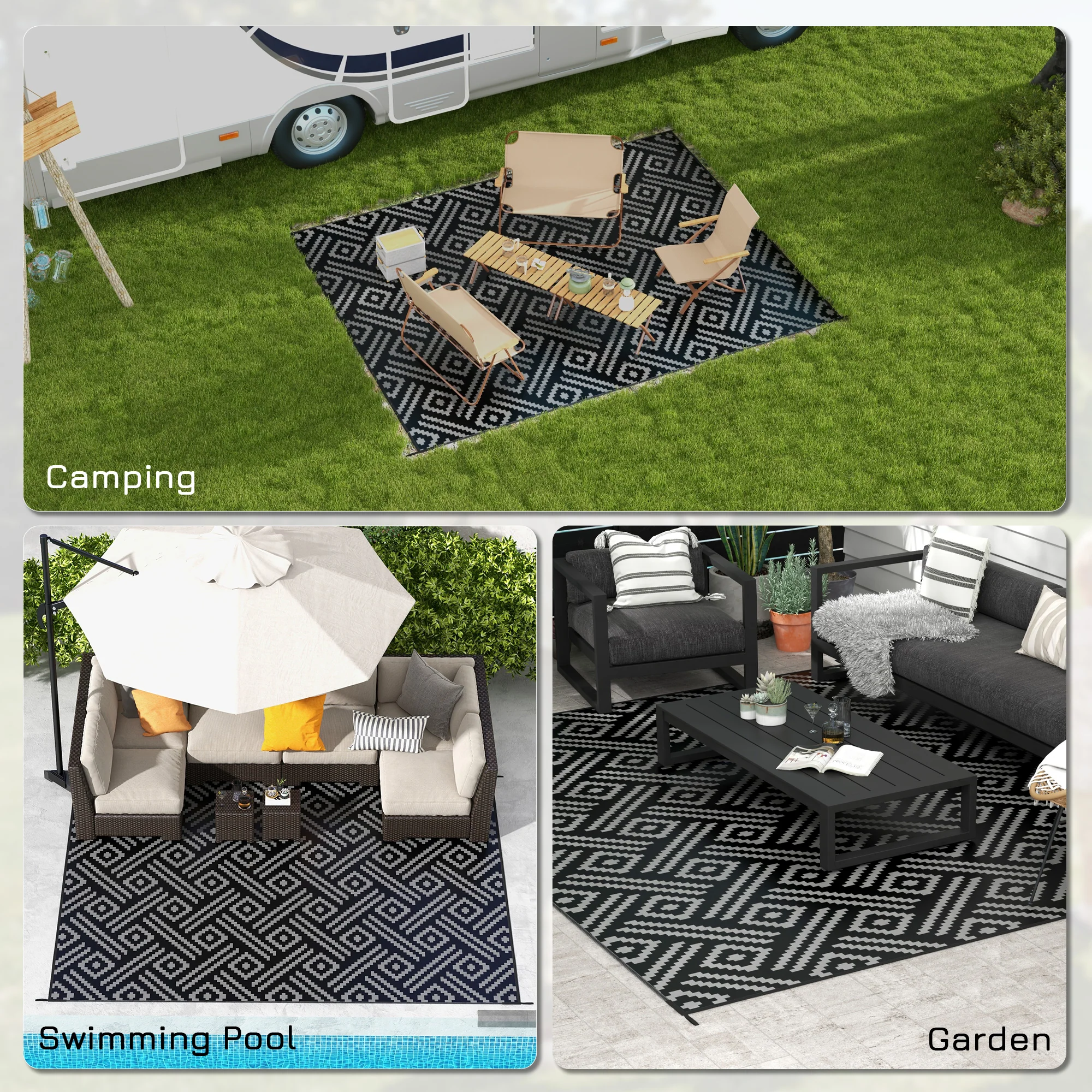 9' x 12' Reversible Mat w/ Carry Bag, Geometric Waterproof RV Rug for Backyard, Black & Grey - Image 7