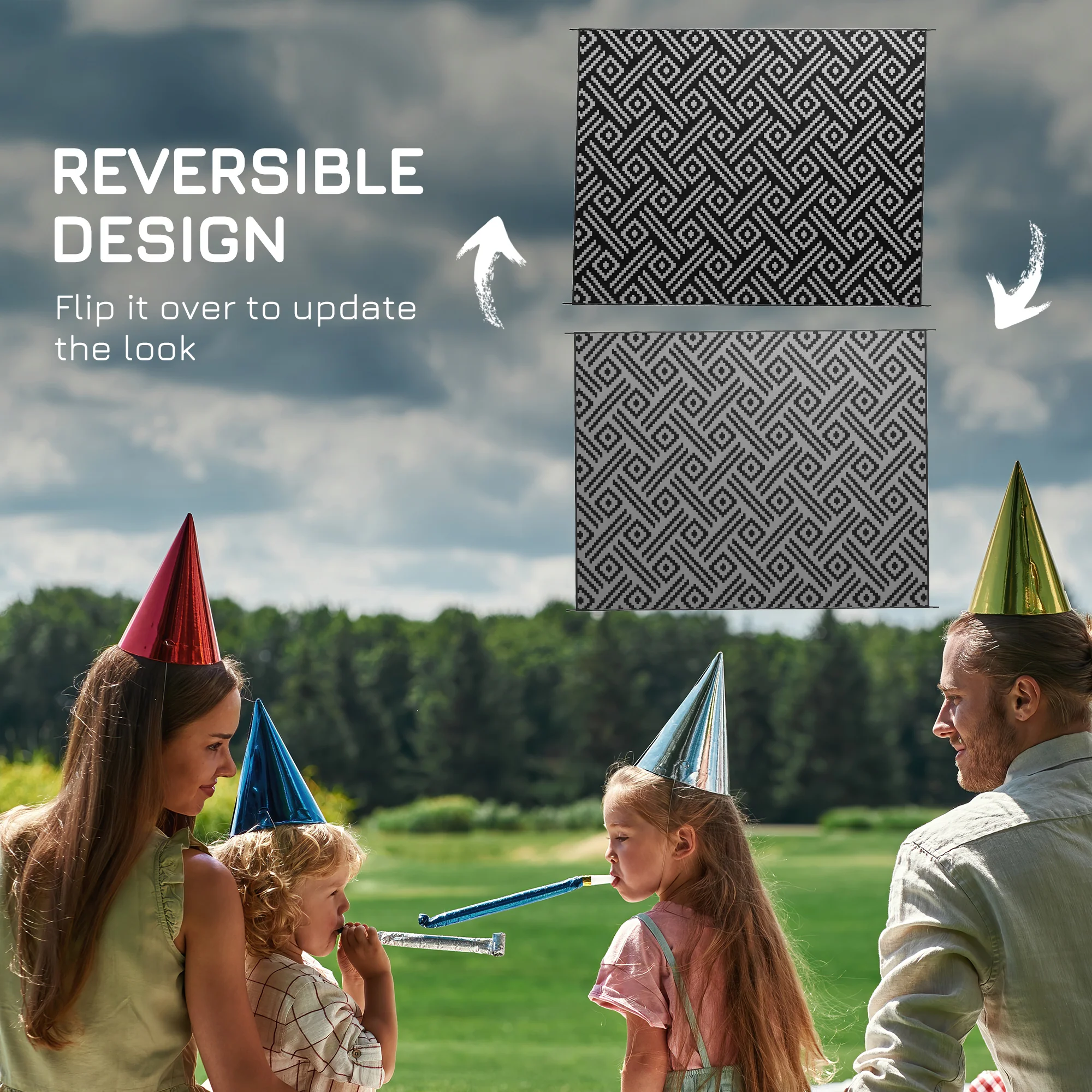 9' x 12' Reversible Mat w/ Carry Bag, Geometric Waterproof RV Rug for Backyard, Black & Grey - Image 9