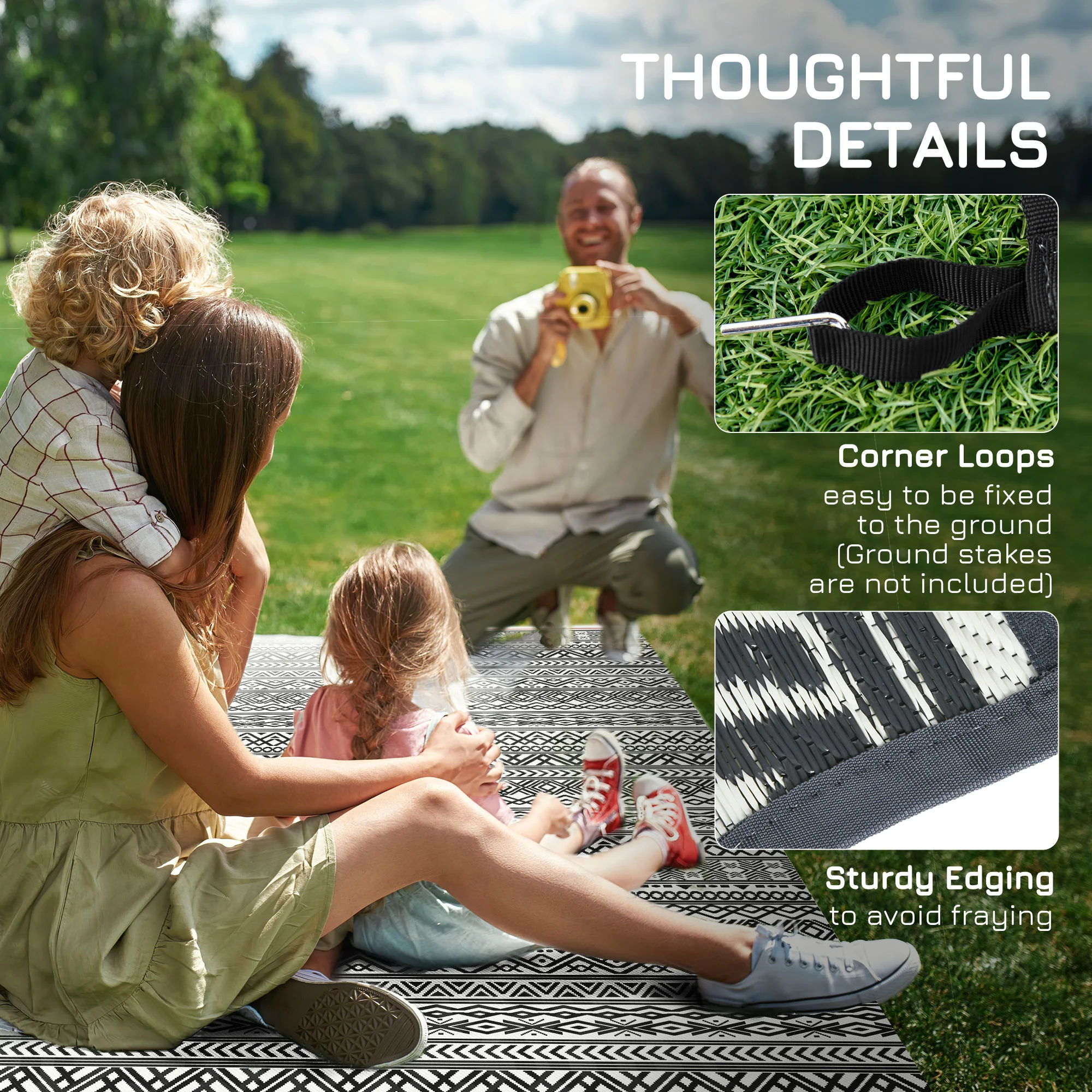 9' x 12' Reversible Mat w/ Carry Bag, Boho Waterproof RV Rug for Backyard, Grey & White - Image 10