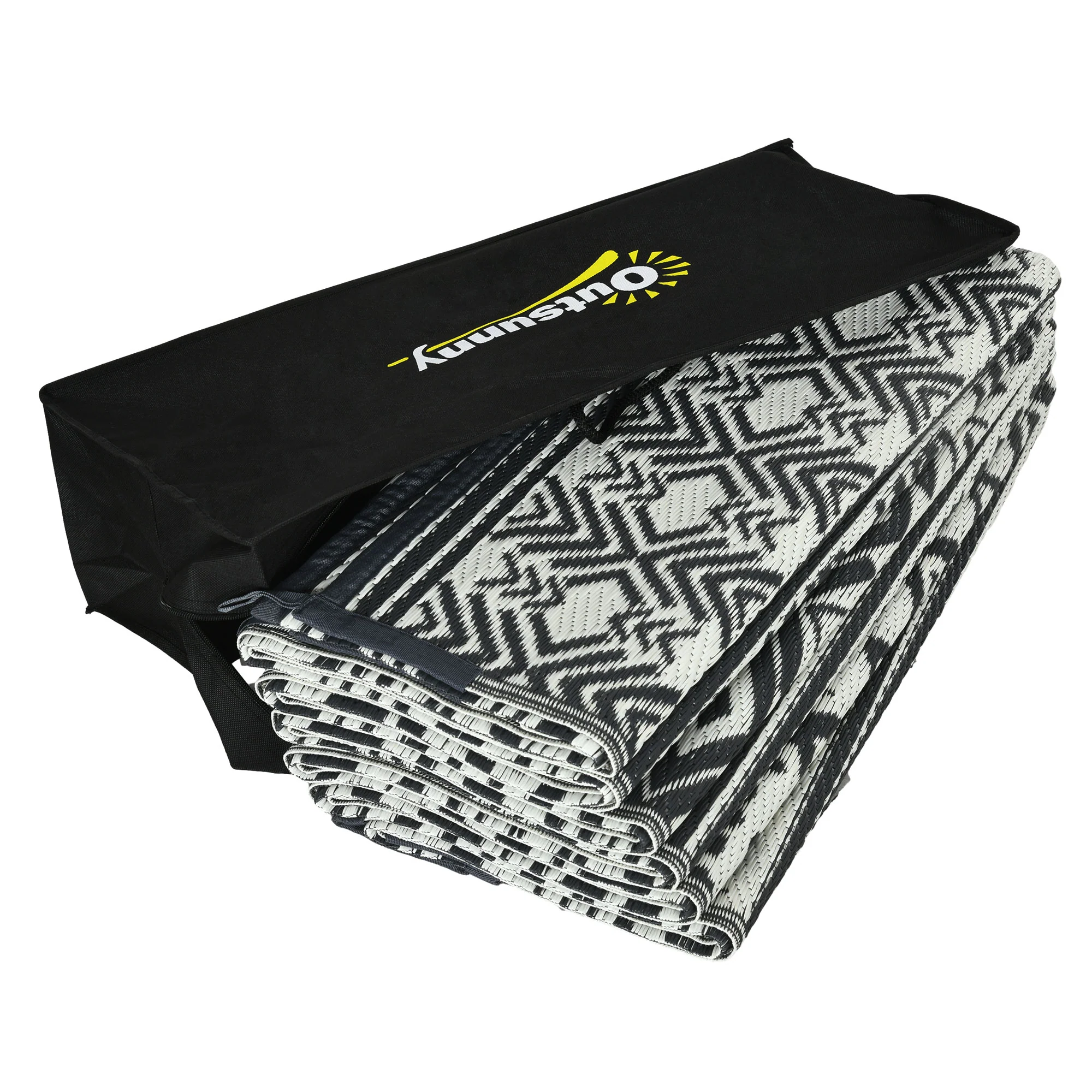 9' x 12' Reversible Mat w/ Carry Bag, Boho Waterproof RV Rug for Backyard, Grey & White - Image 11