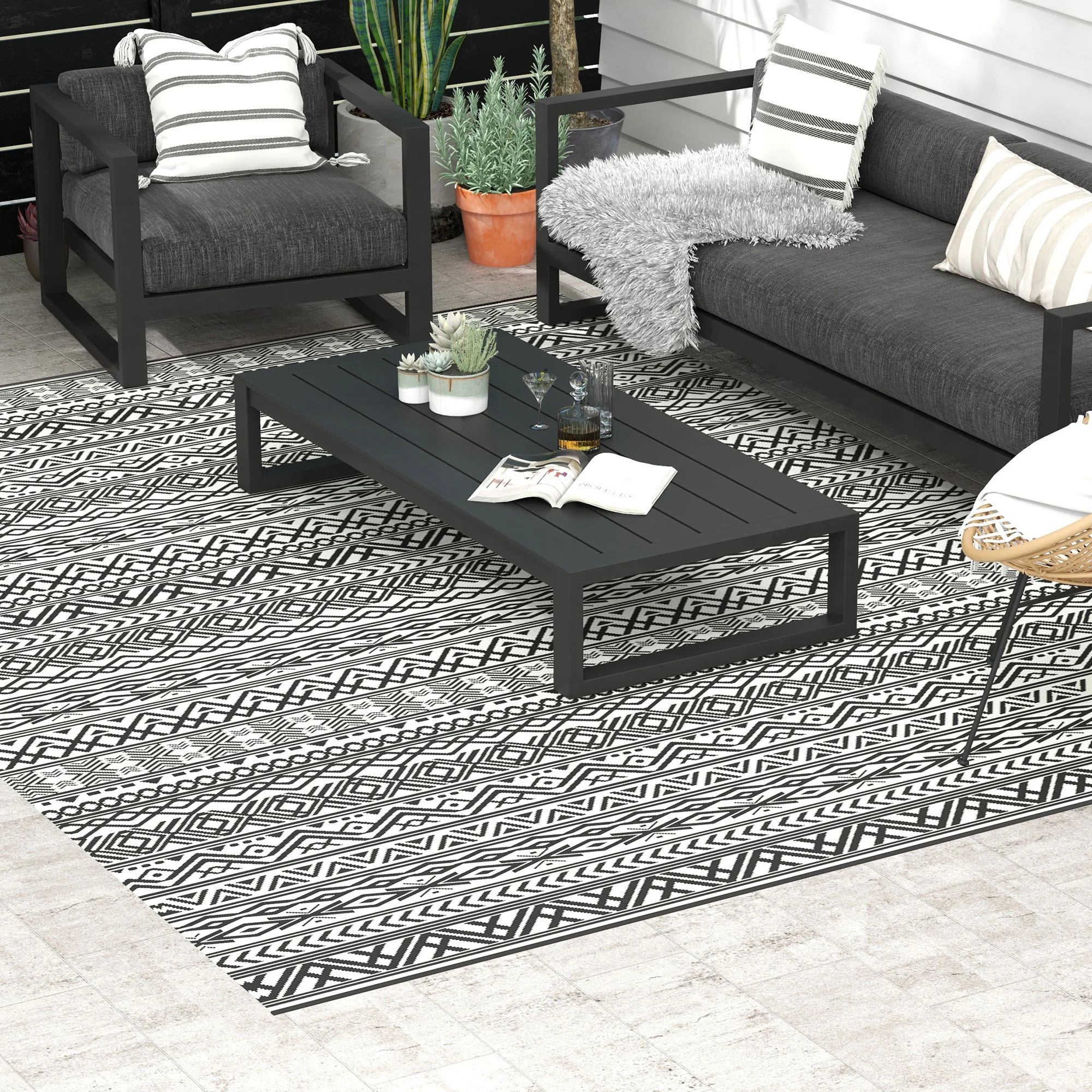 9' x 12' Reversible Mat w/ Carry Bag, Boho Waterproof RV Rug for Backyard, Grey & White - Image 3