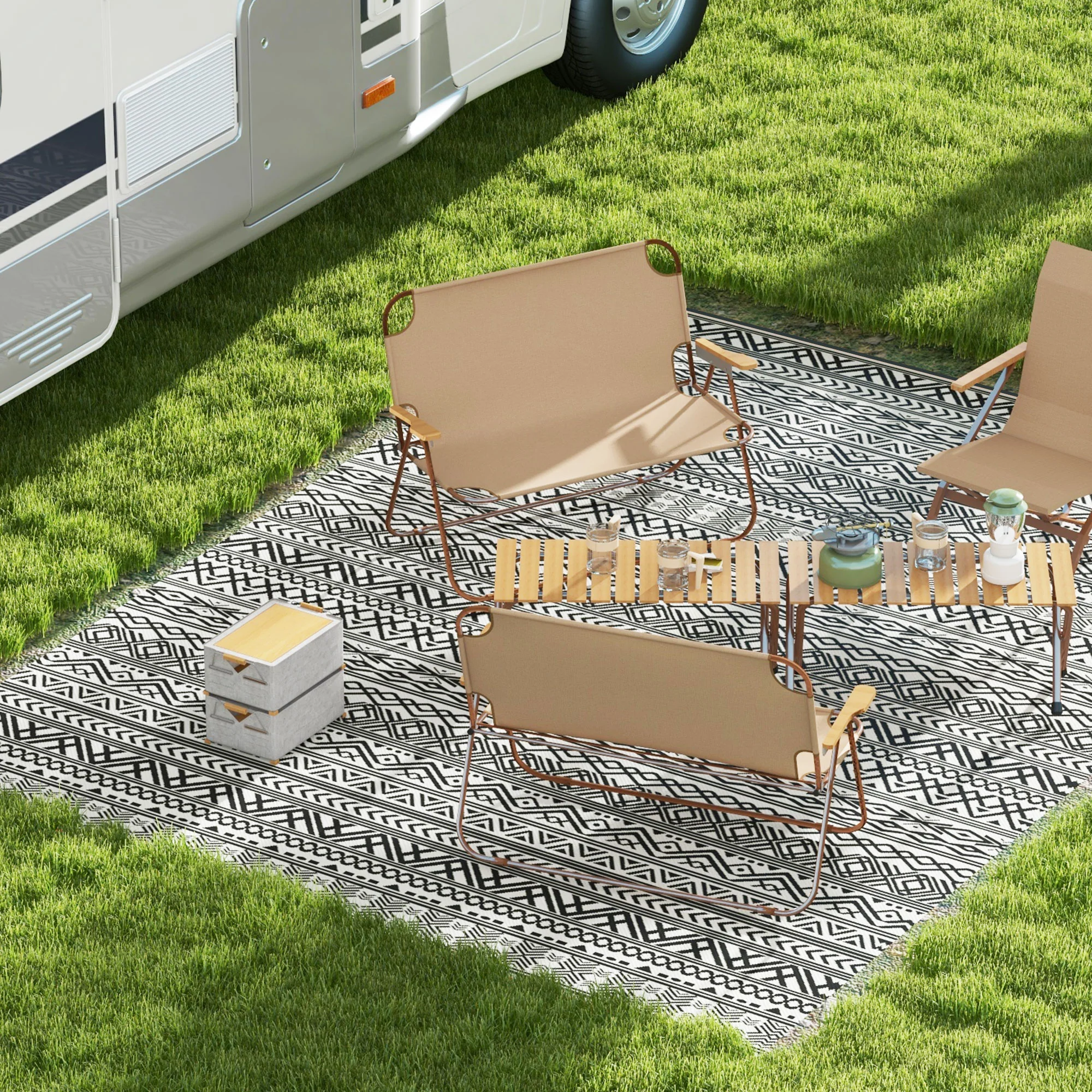 9' x 12' Reversible Mat w/ Carry Bag, Boho Waterproof RV Rug for Backyard, Grey & White - Image 4