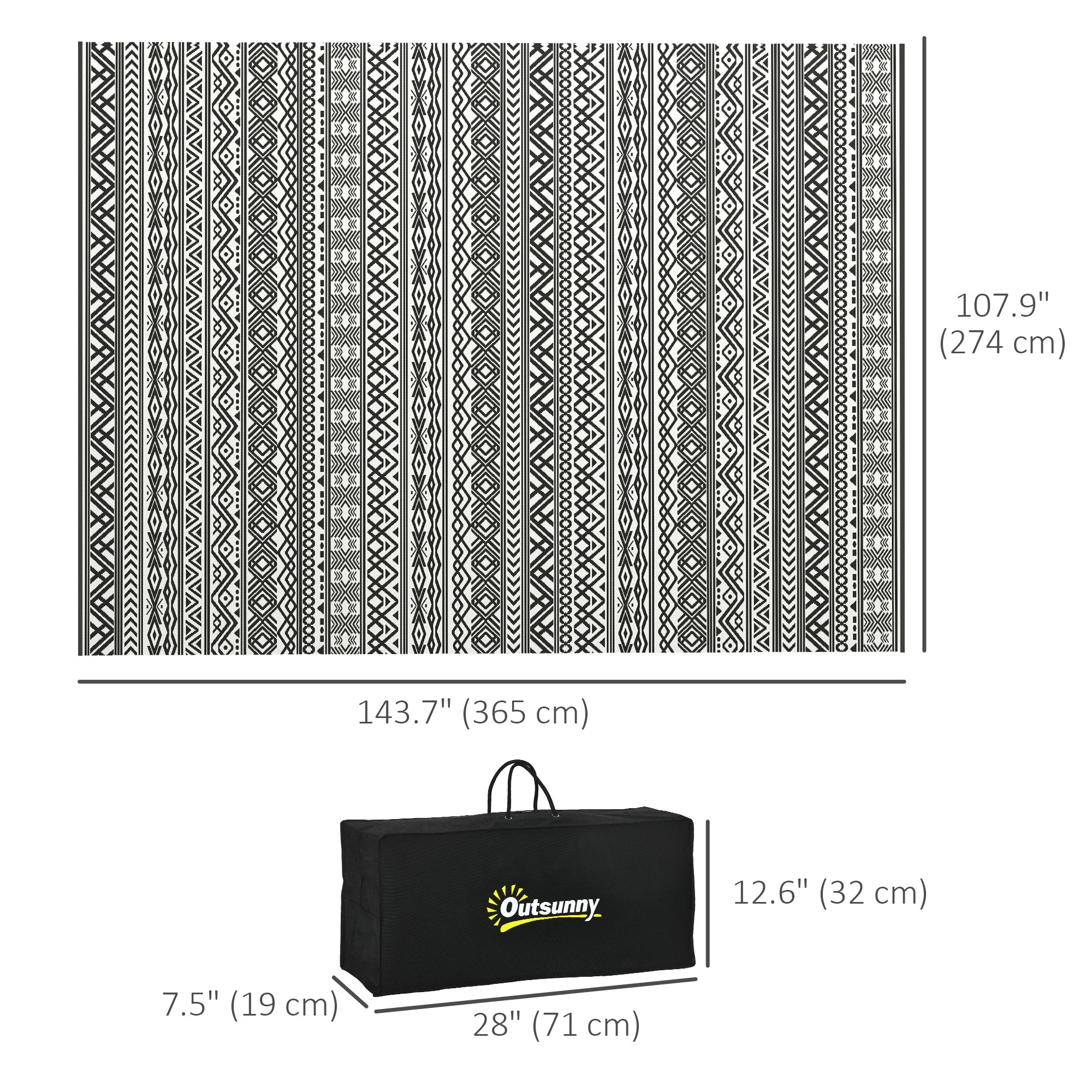 9' x 12' Reversible Mat w/ Carry Bag, Boho Waterproof RV Rug for Backyard, Grey & White - Image 5